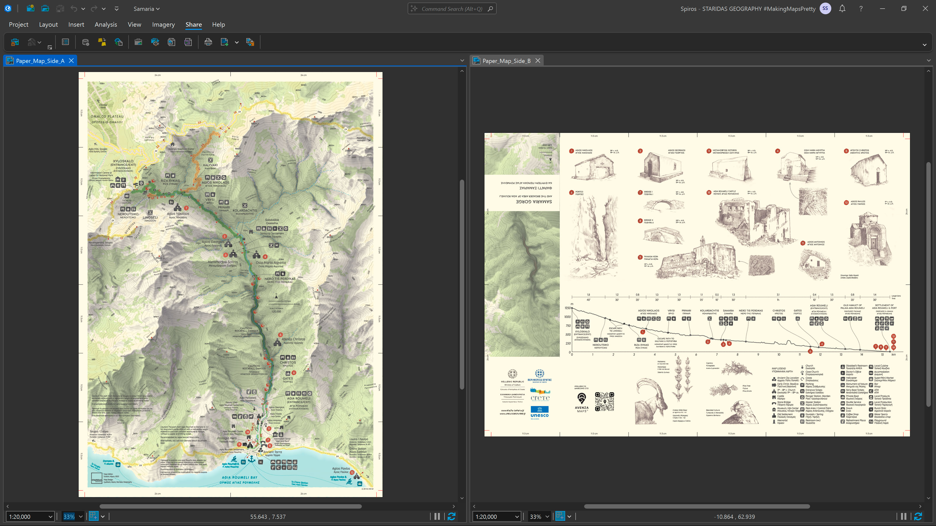Layout preview of the two-sided (A and B) paper map design at 70x50 cm scale in ArcGIS Pro.