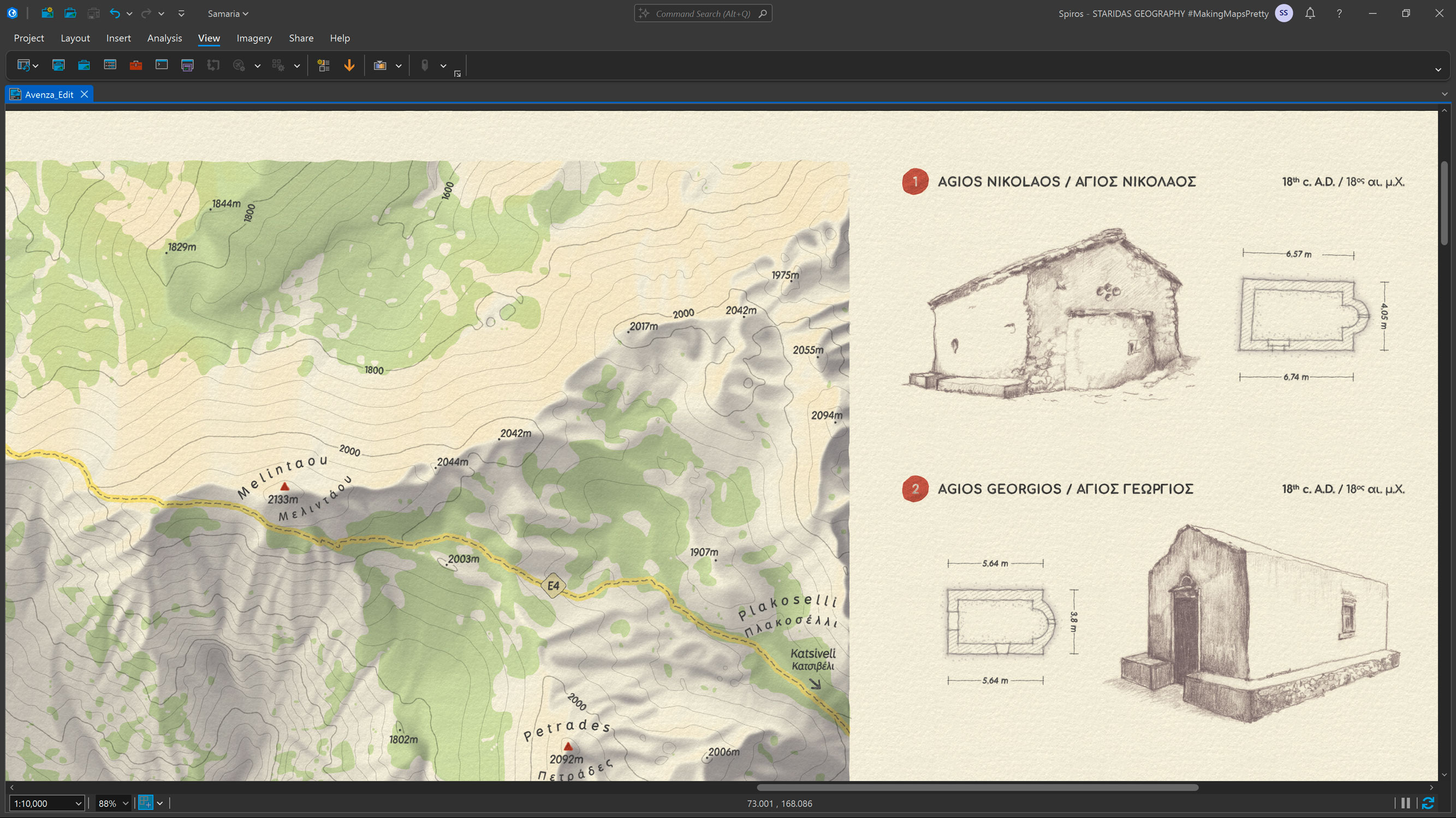 Digital map detail of the Avenza layout, including a floor plan insert for a historical church along the trail.