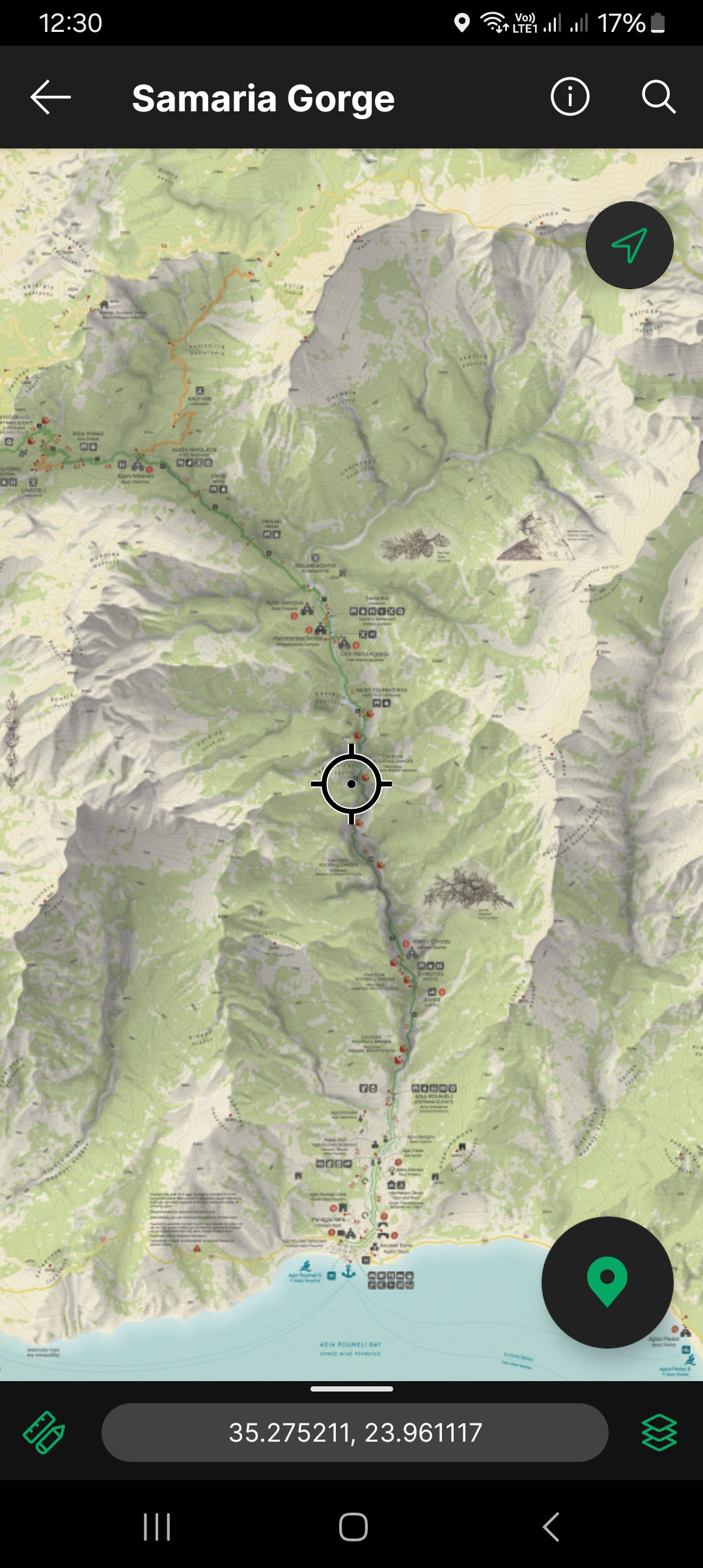 Mobile screenshot of the Samaria Gorge map displayed in the Avenza Maps App, showing real-time user GPS positioning.