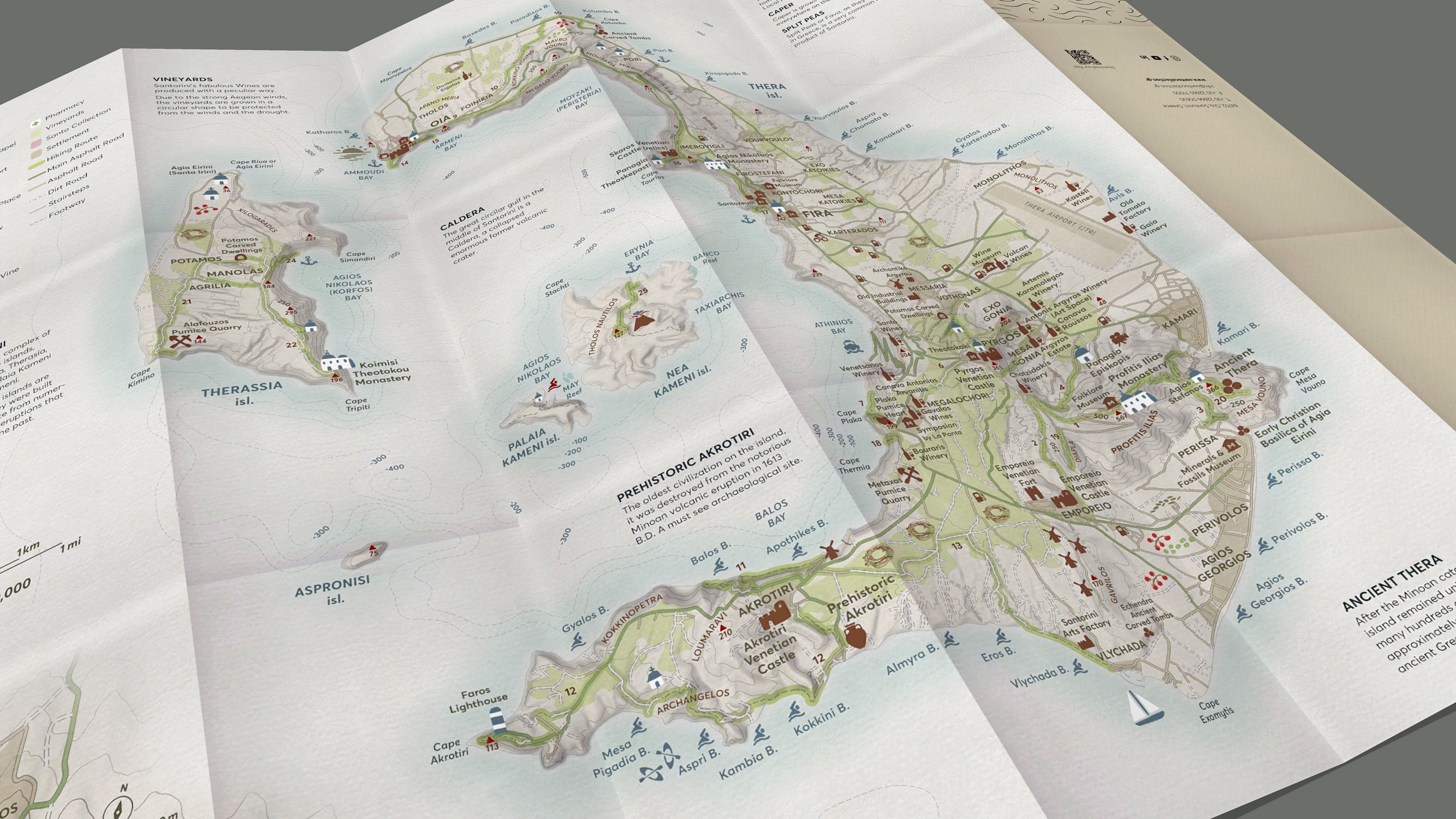 Unfolded paper map of the Santorini archipelago showing Thera, Therassia, Nea Kameni, Palaia Kameni and Aspronisi around the caldera.