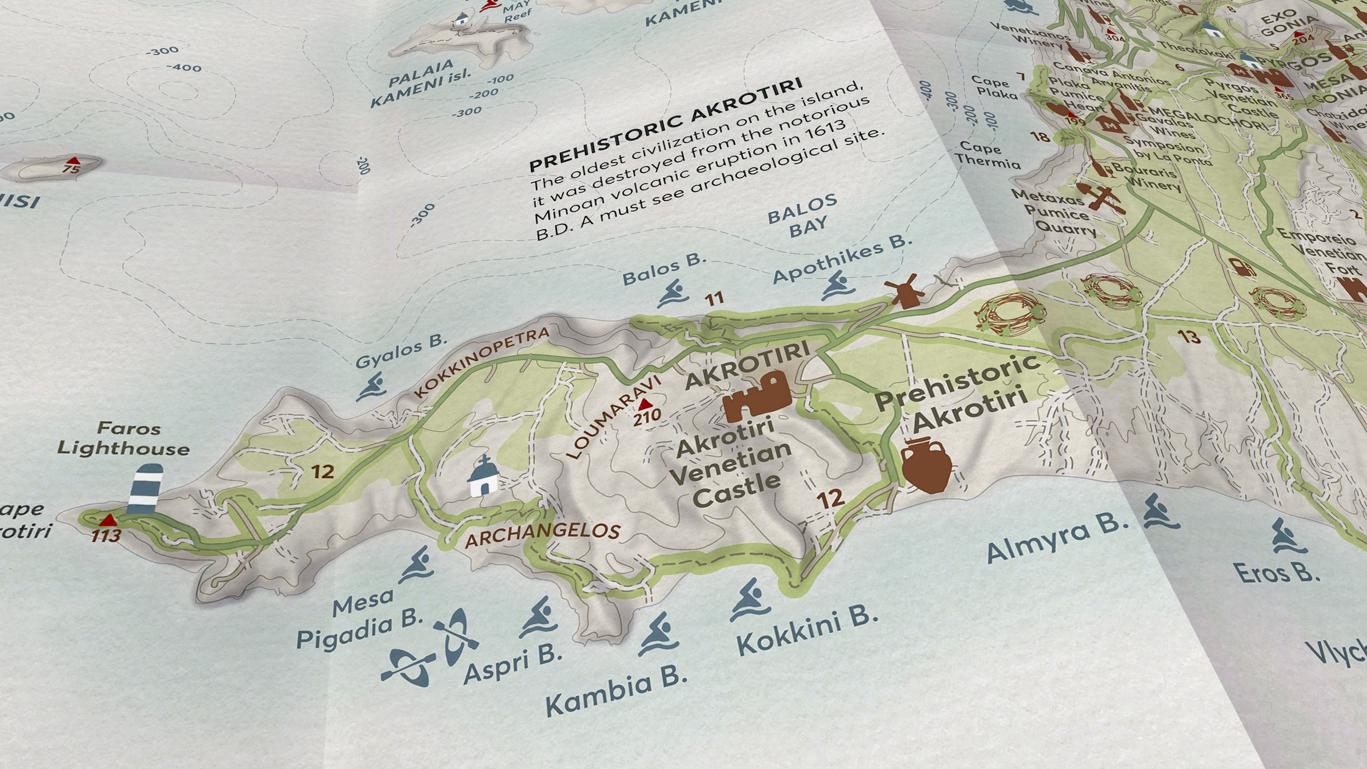Detail of Side B showing the Akrotiri peninsula, its hiking route, beaches and Prehistoric Akrotiri.