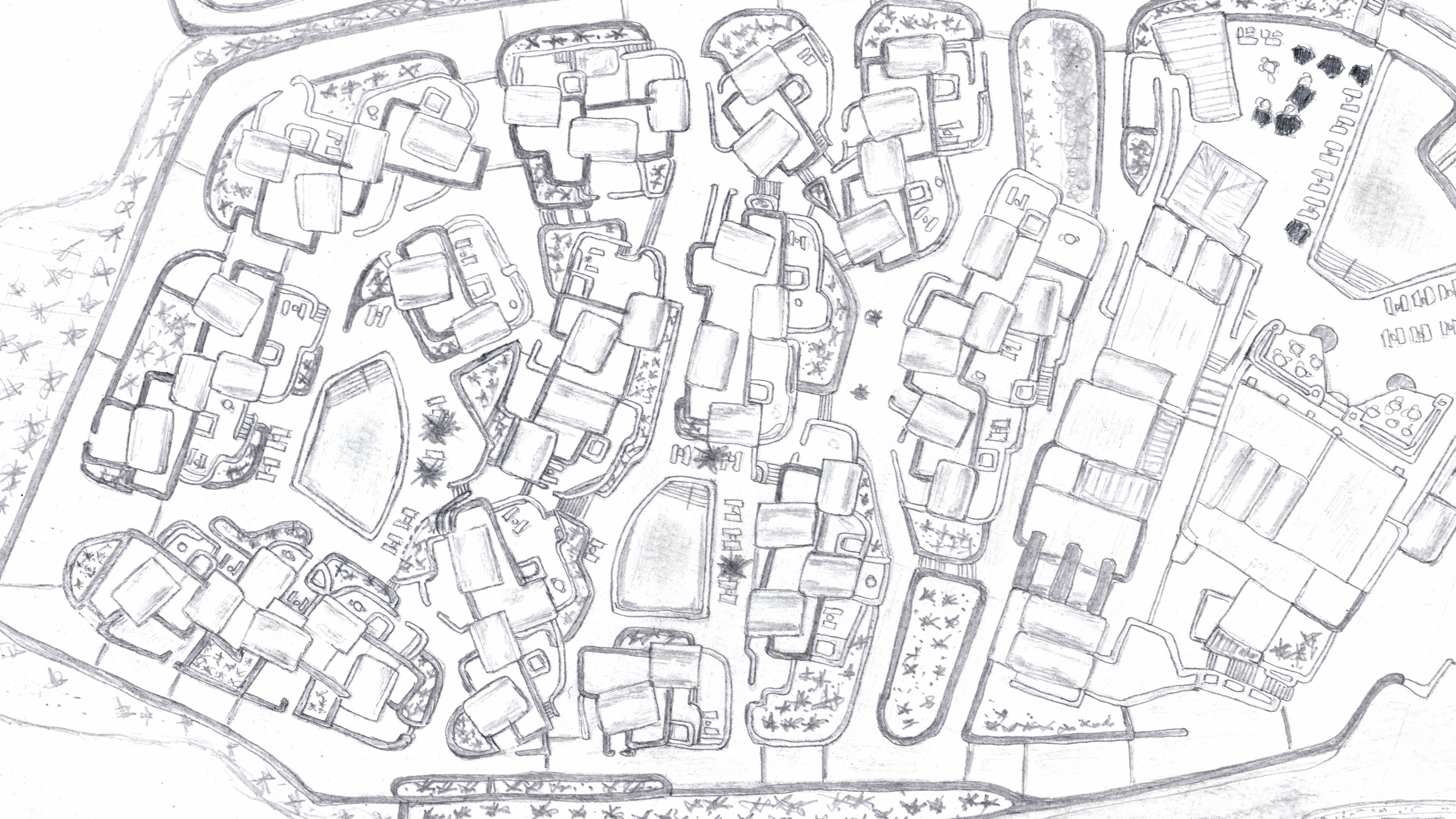 Hand-drawn pencil sketch of a cluster of resort suites and pathways, part of the original by-hand drawing.
