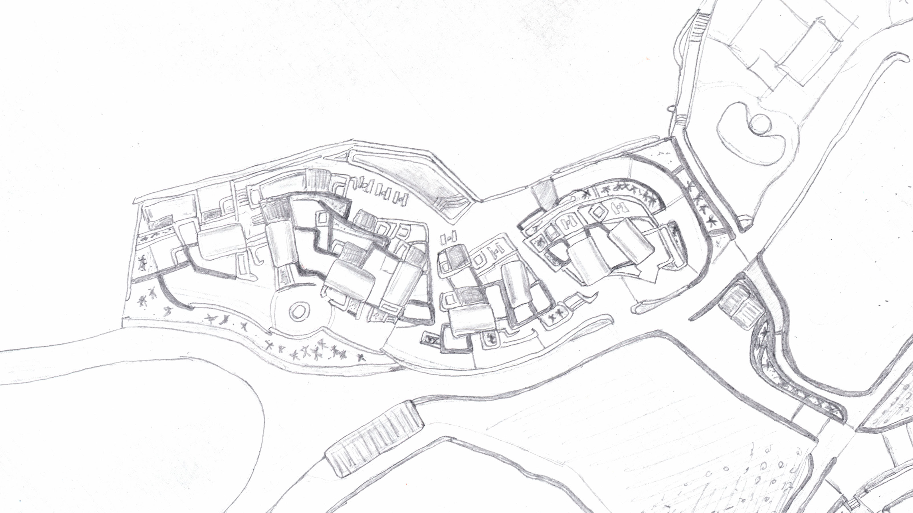 Hand-drawn pencil sketch of resort buildings and paths, part of the original by-hand drawing.