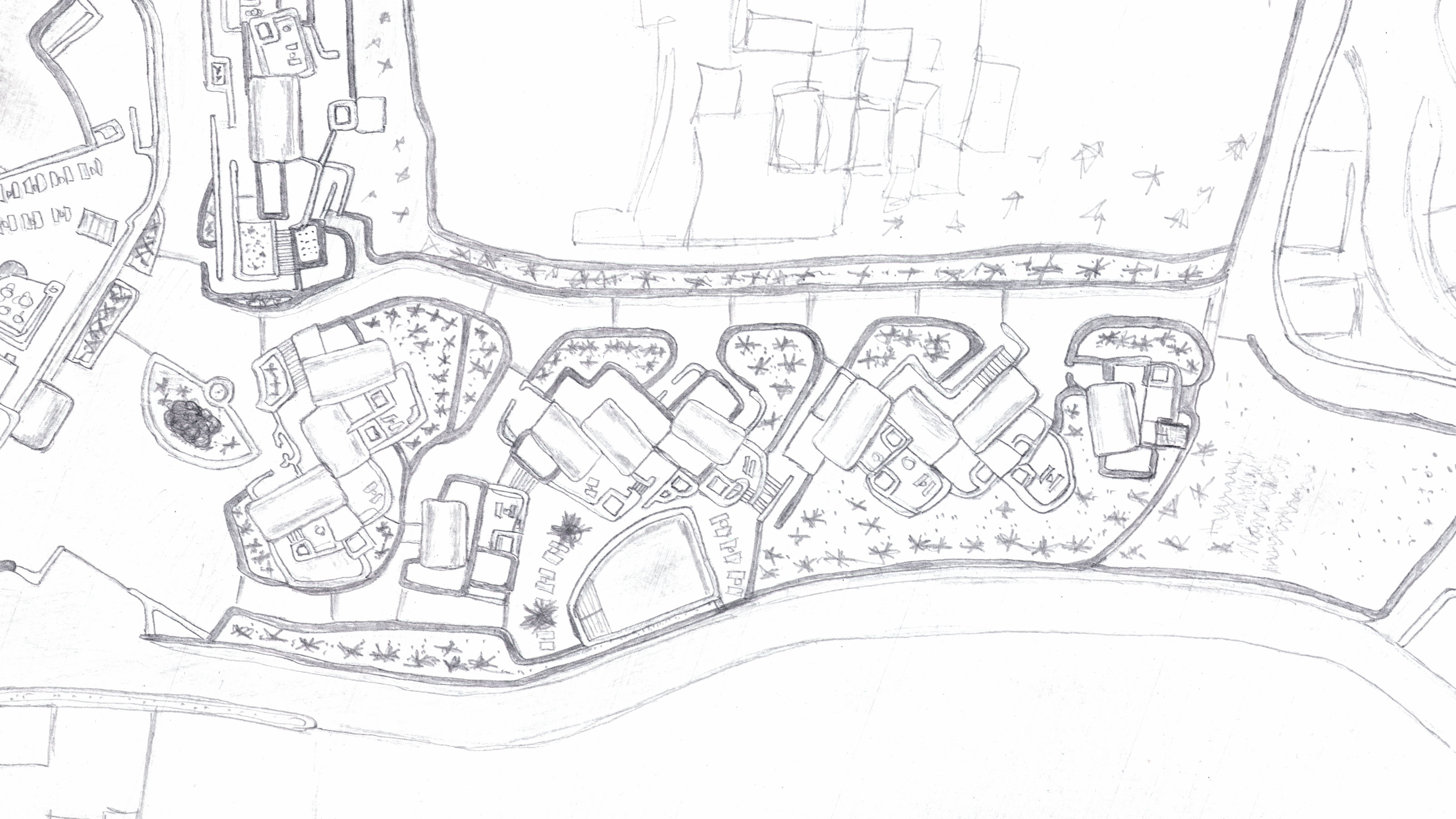 Hand-drawn pencil sketch of suites and garden areas, part of the original by-hand drawing.