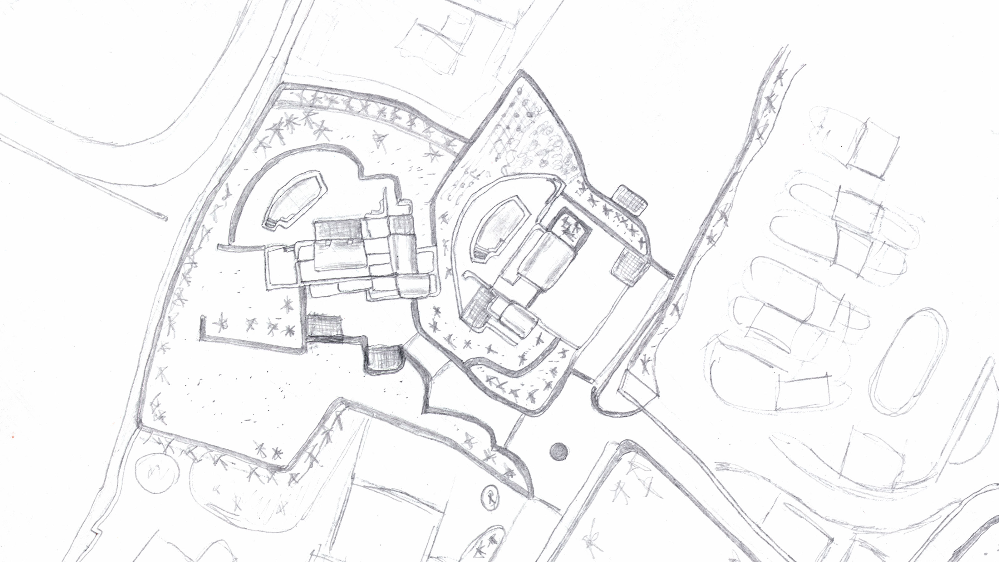 Hand-drawn pencil sketch of a cluster of villas with private pools, part of the original by-hand drawing.