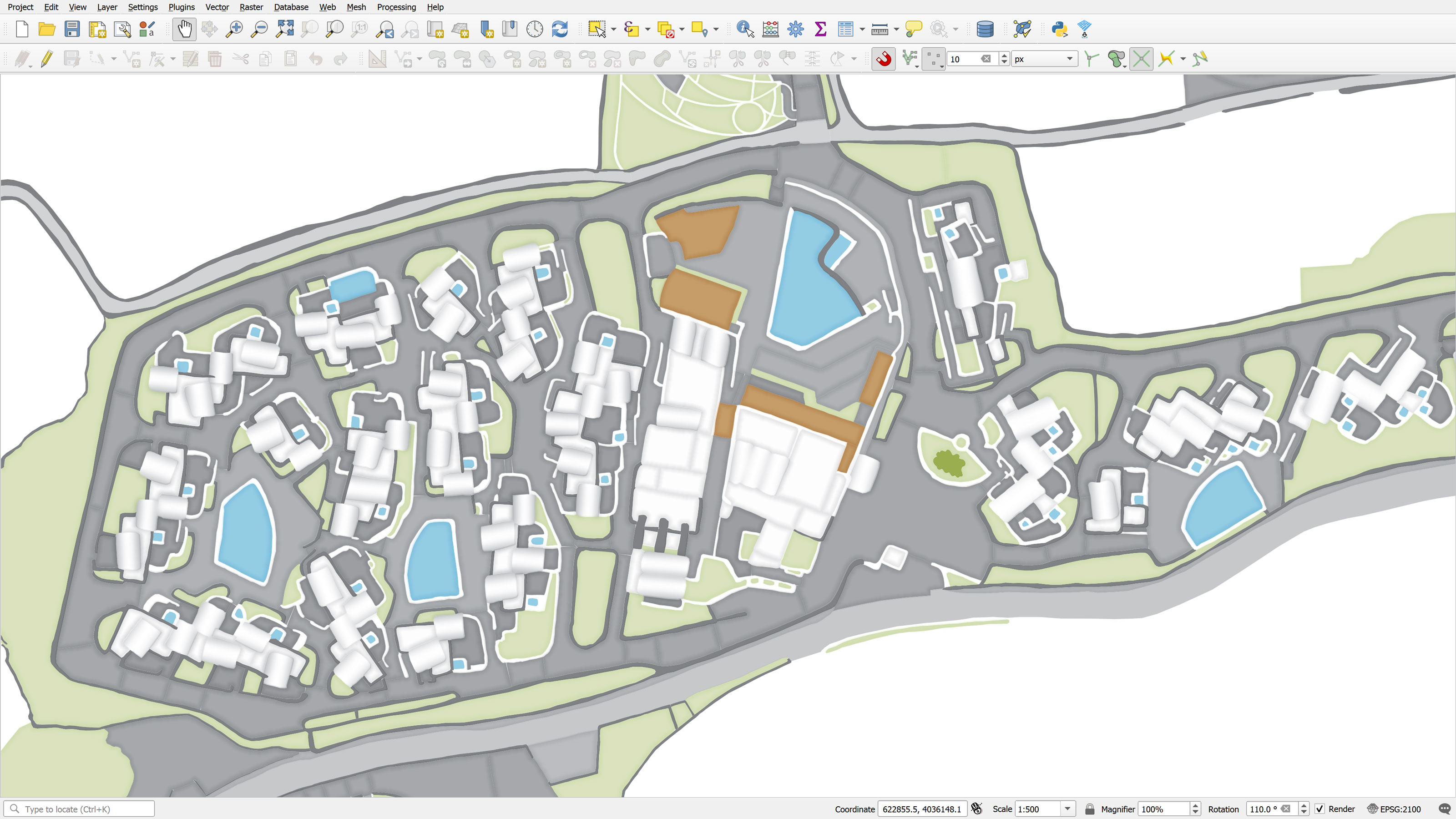 QGIS screenshot showing the resort's buildings, pools and paths colored and classified after digitization.