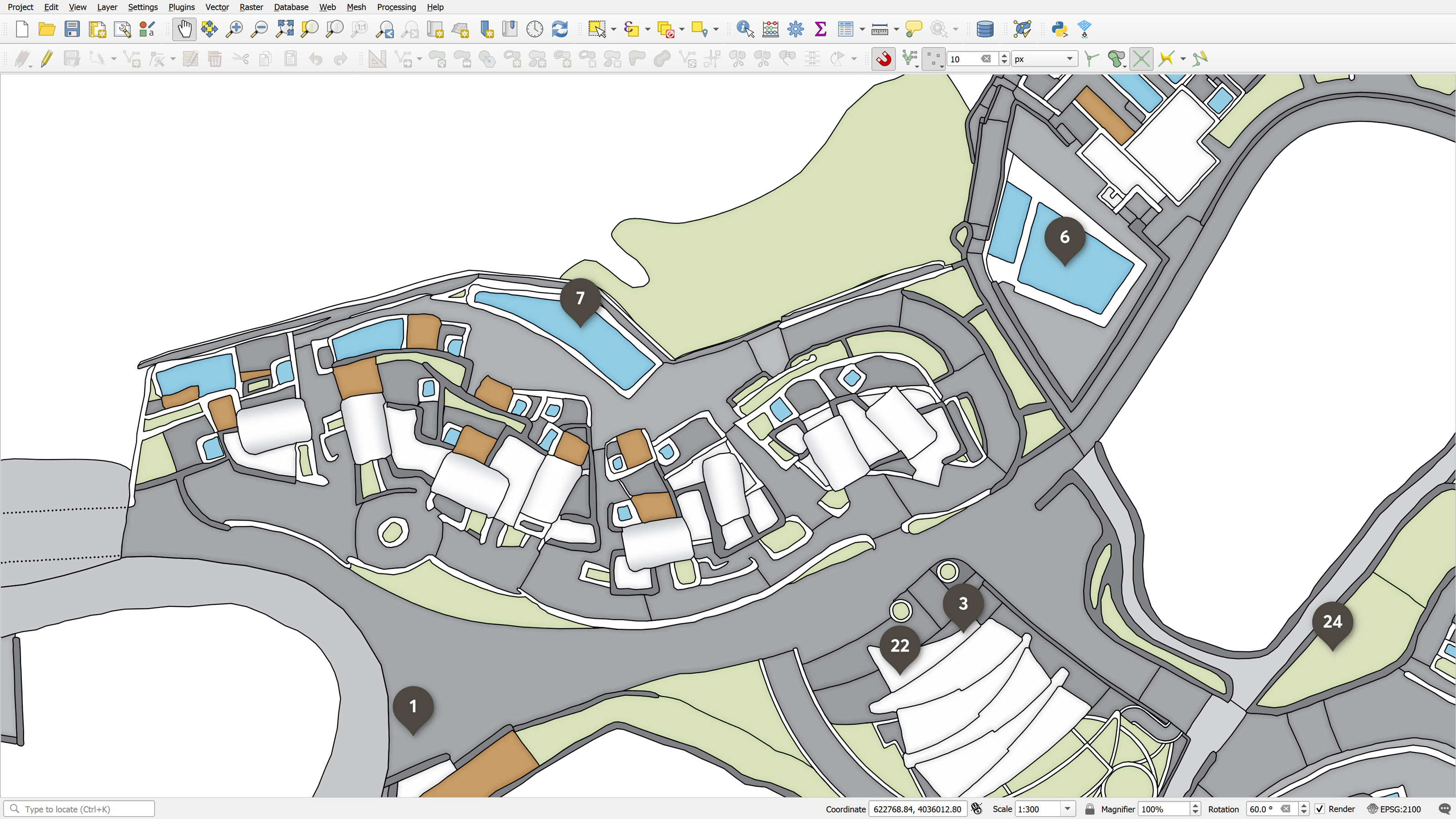 QGIS screenshot showing numbered points of interest being placed over the colored resort map.