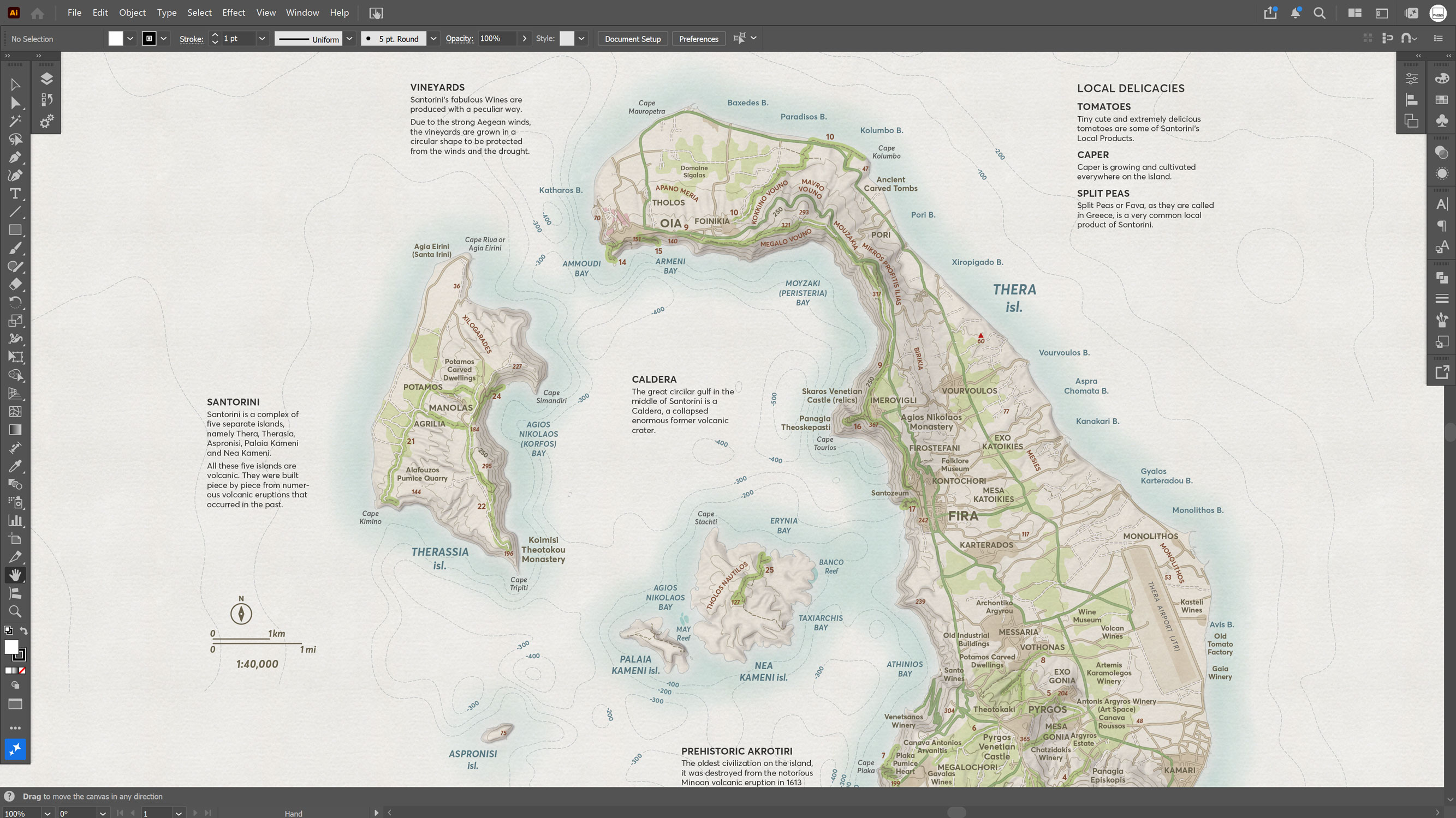 Adobe Illustrator screenshot showing Side B of the map with Santorini's coastline, contours and descriptive call-outs.