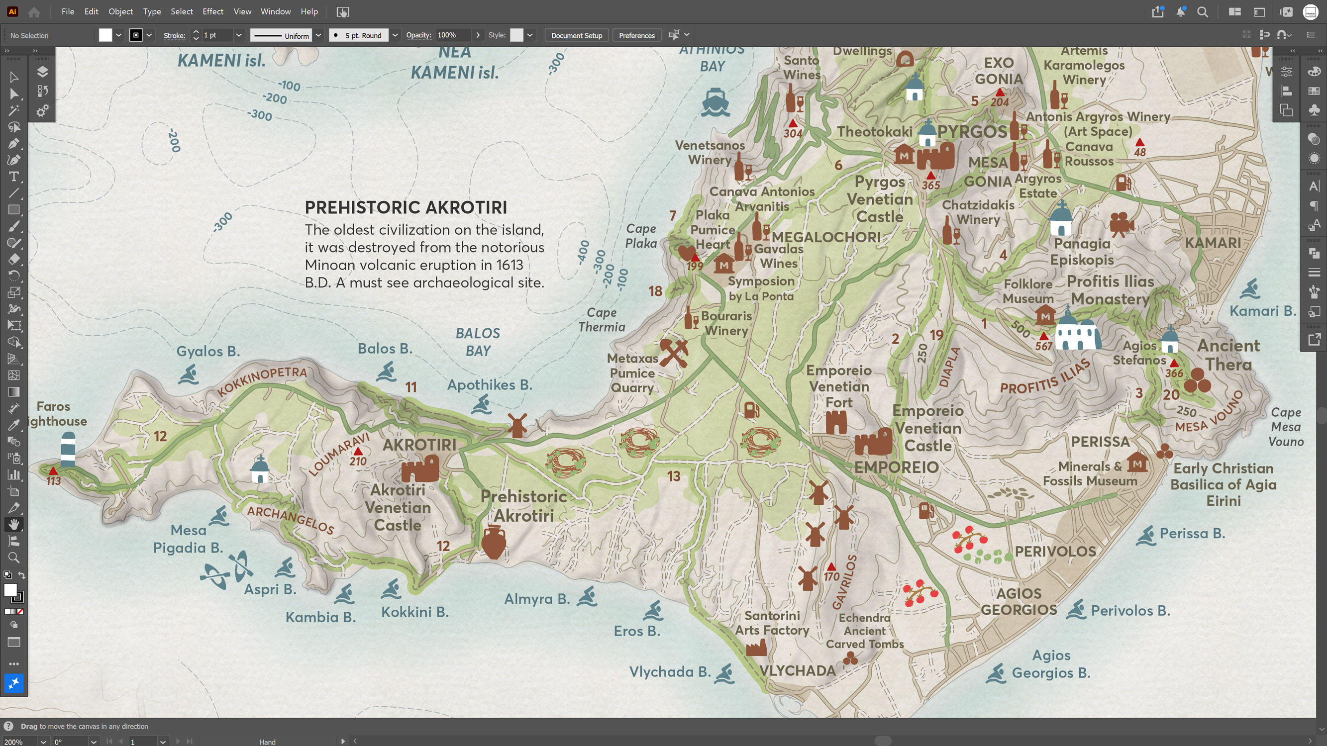 Finished section of Side B showing wineries, monasteries and archaeological sites of Santorini.