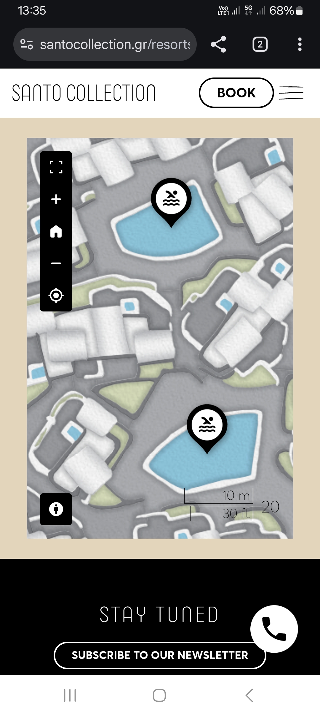 Santo Collection's interactive map displayed on a smartphone screen.