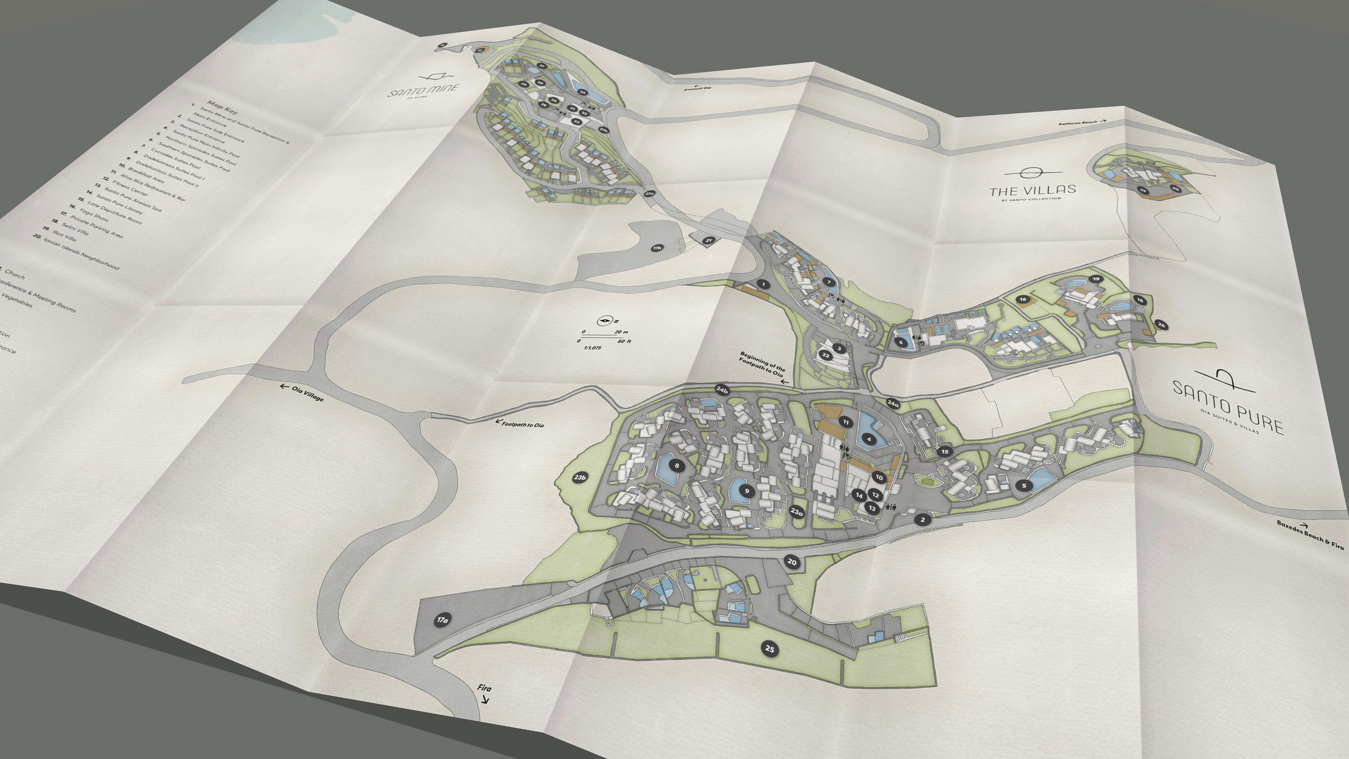 Overview of Side A showing the layouts of Santo Mine, Santo Pure and The Villas alongside the numbered map key.