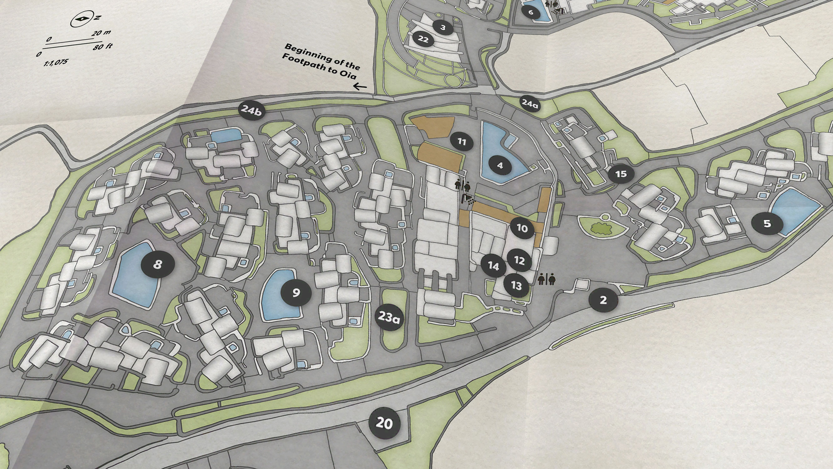 Detail of Santo Pure showing numbered pools, restaurants and facilities within the resort.