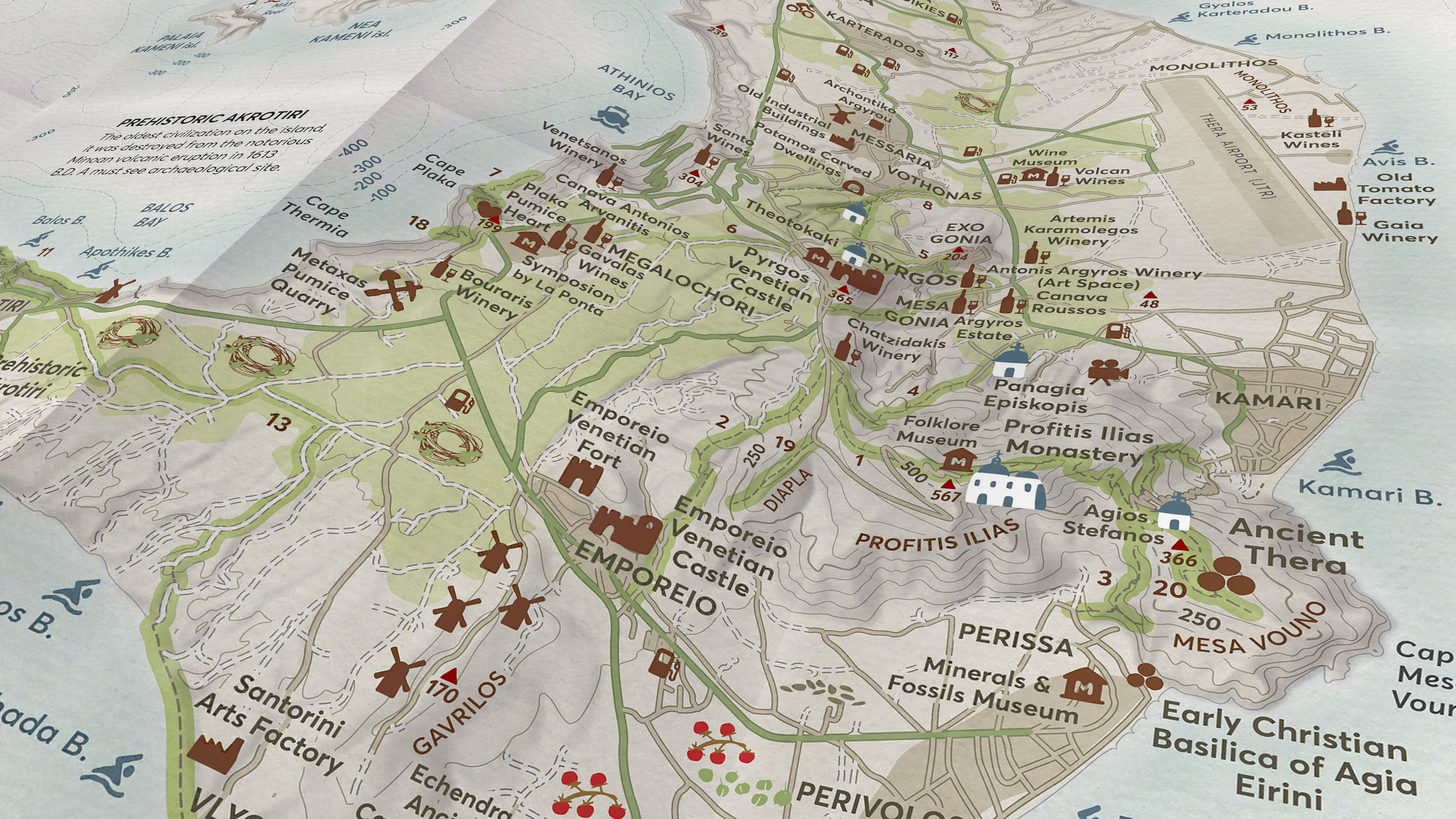 Detail of Side B showing Pyrgos, Megalochori and the surrounding wineries of Santorini.