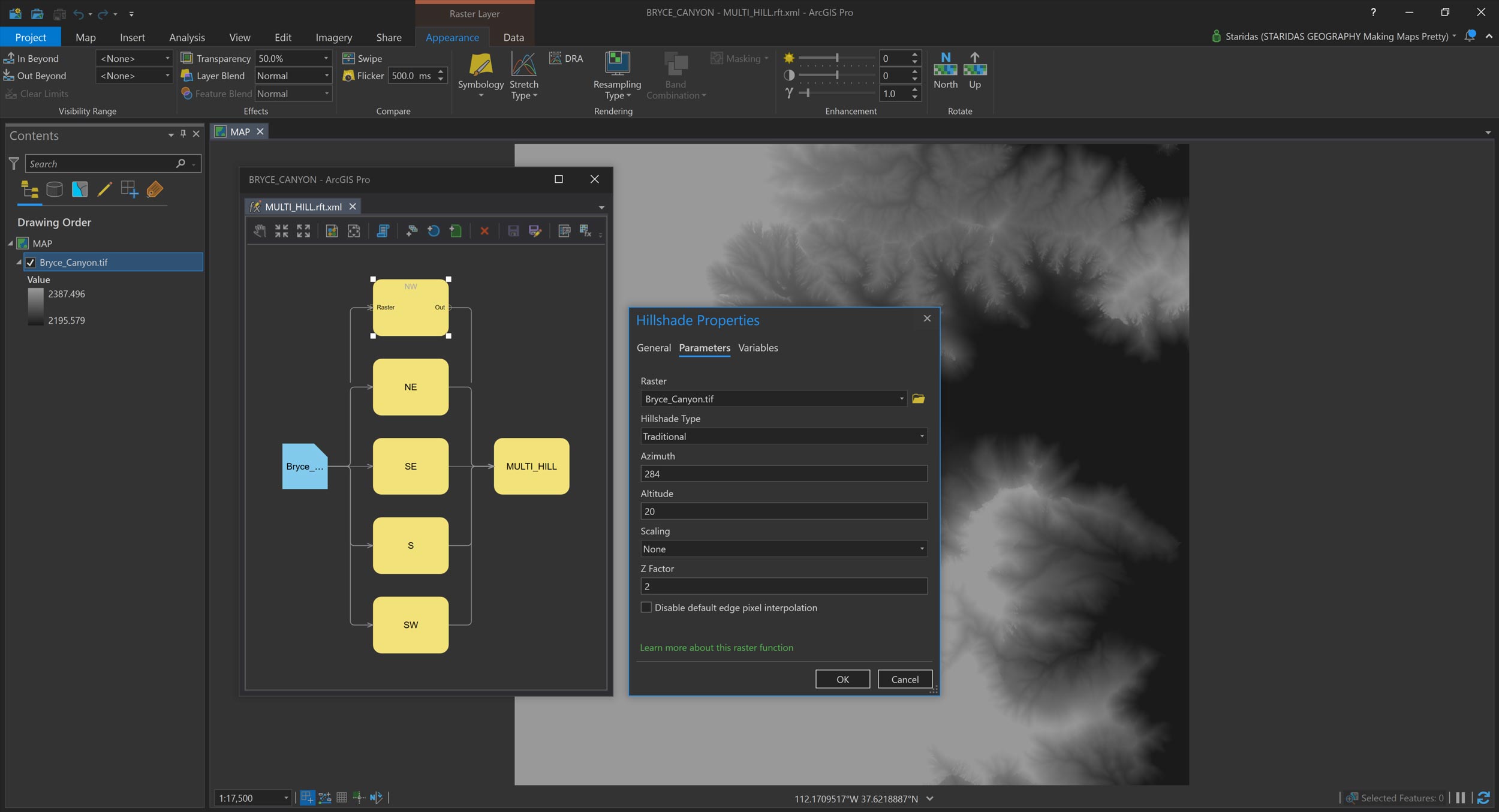Producing five different traditional hillshades, one for each Sun position.
