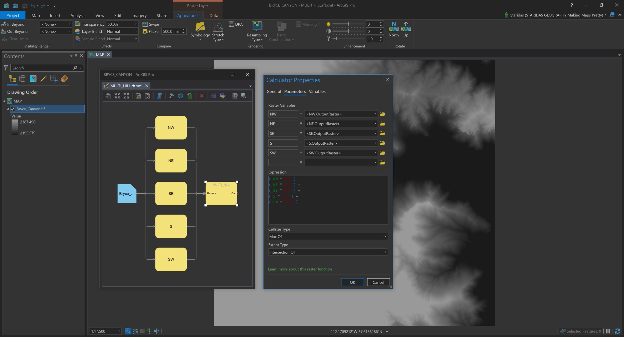 Synthesizing five traditional hillshades to one multi-directional hillshade.