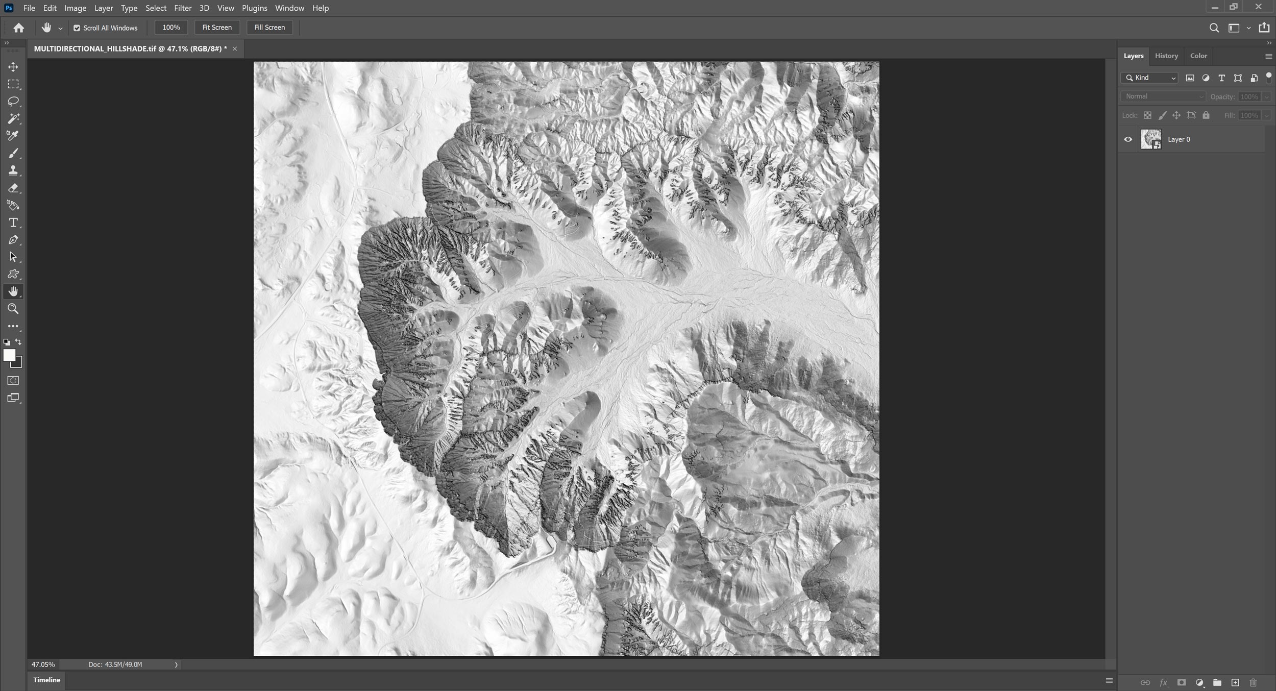 Load the multi-directional hillshade in Adobe Photoshop.