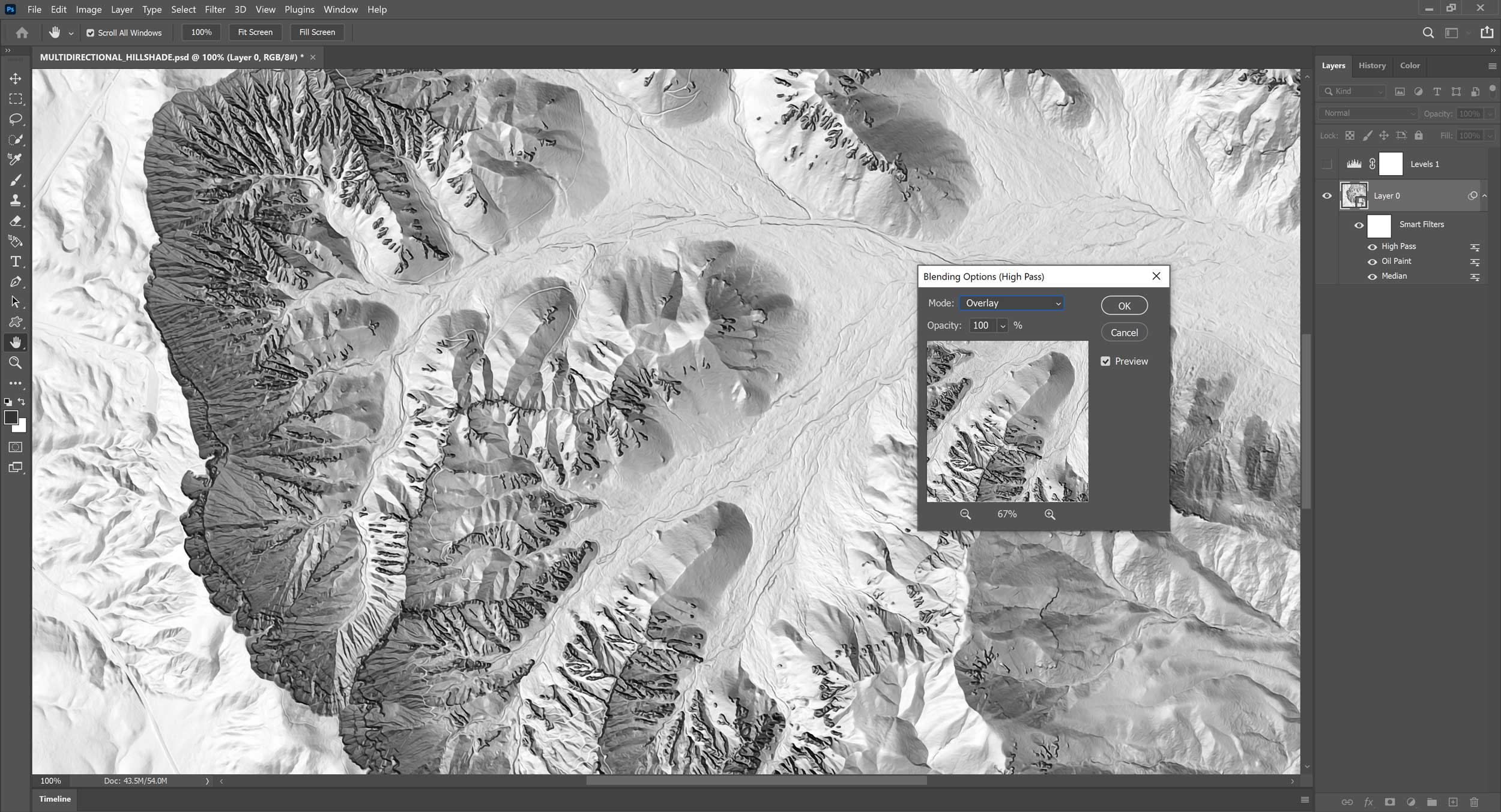 Overlay blend mode on the High Pass filter.