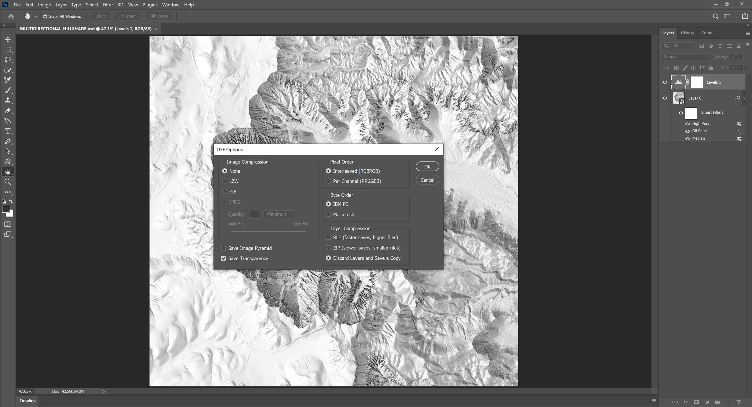 Export the filtered hillshade from Adobe Photoshop.