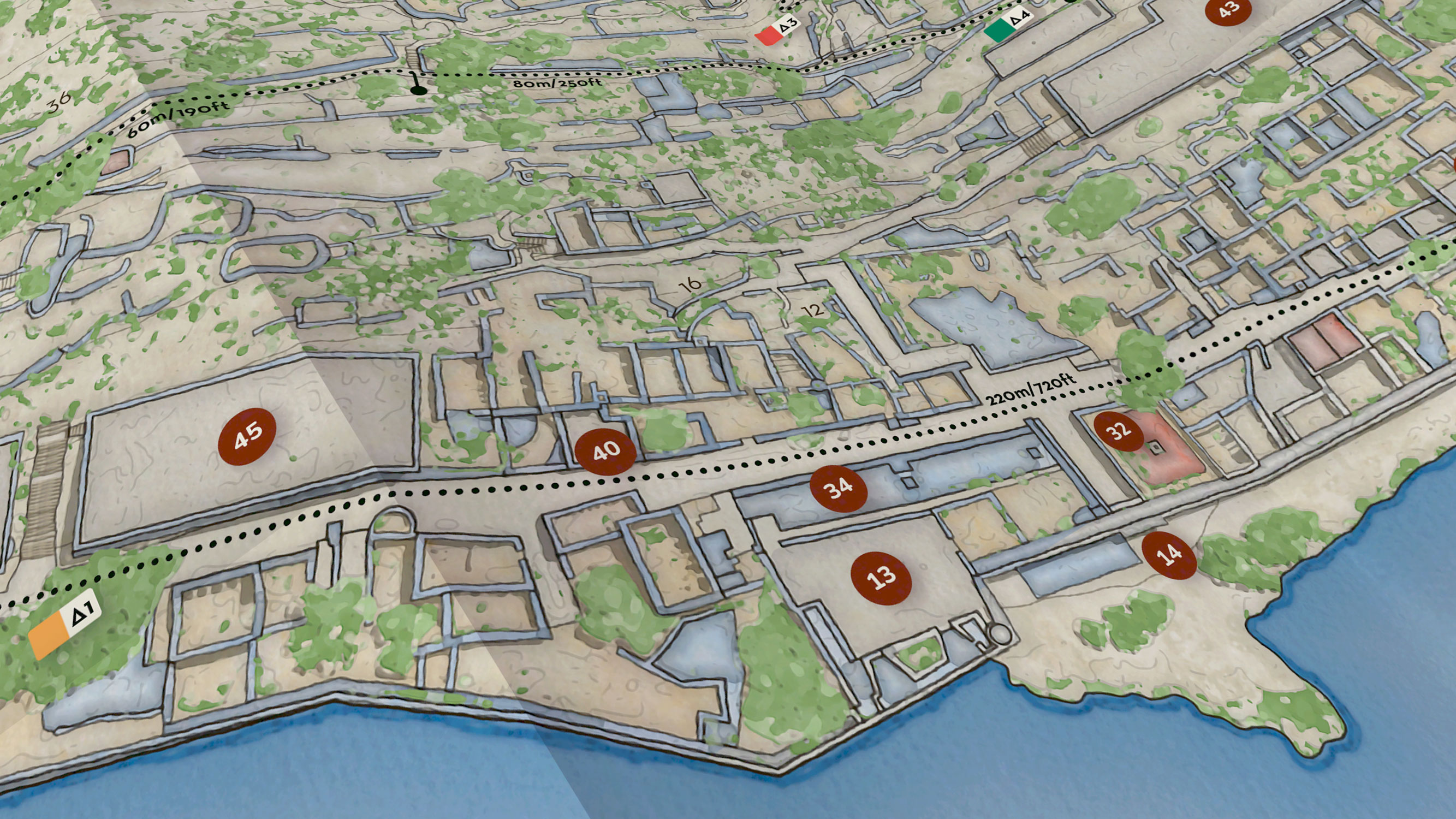 Detailed close-up of the southern part of Spinalonga islet showing dense building footprints, archaeological remains, labeled points of interest, and walking paths in a compact map area.
