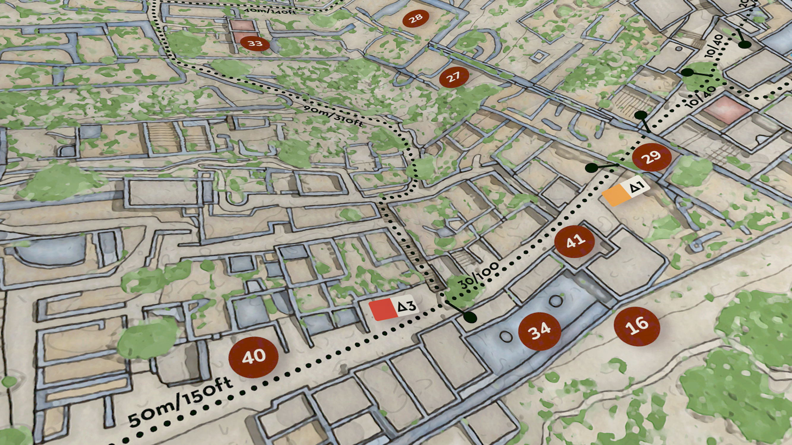 Another detailed view of the southern section of Spinalonga with tightly packed ruins, paths, points of interest, and map symbols illustrating spatial complexity.