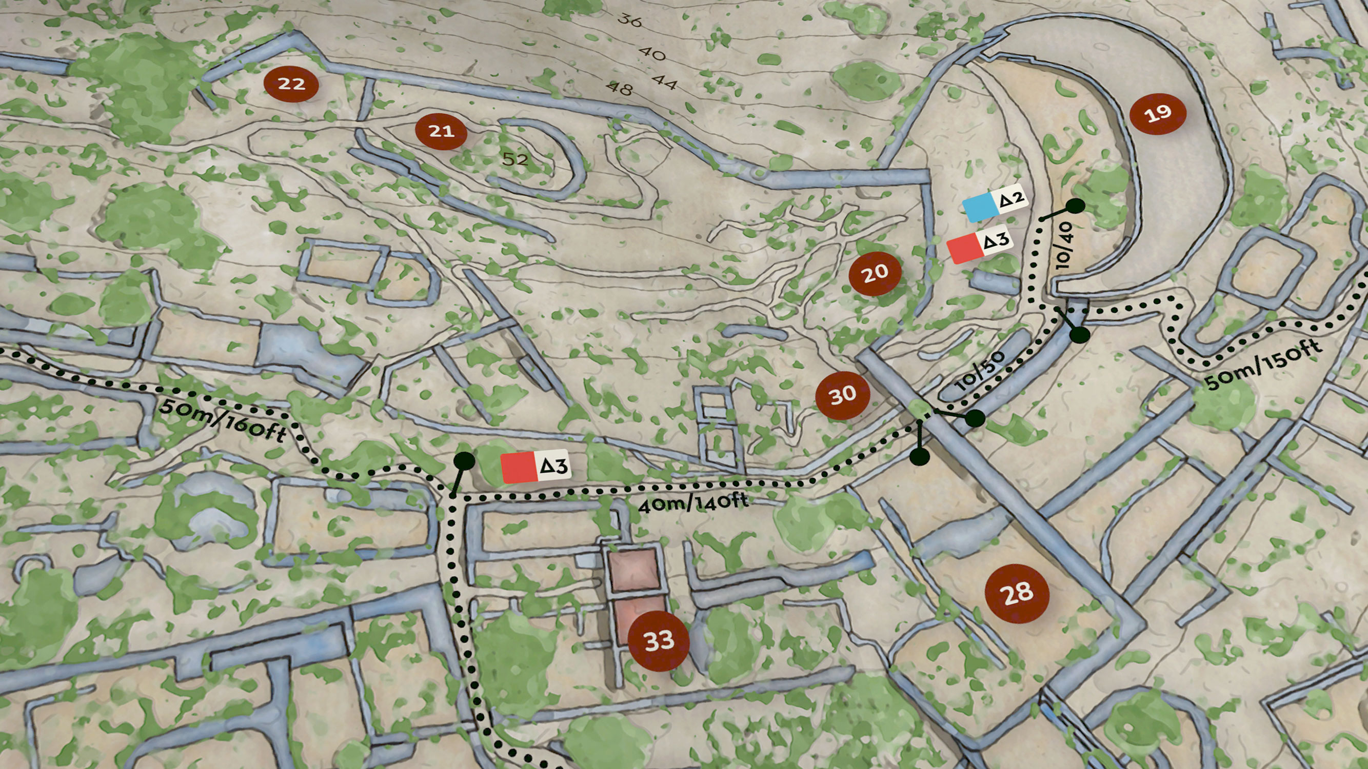 Close-up of the eastern part of Spinalonga islet highlighting building footprints, ruins, points of interest, and integrated walking paths with clear cartographic hierarchy.