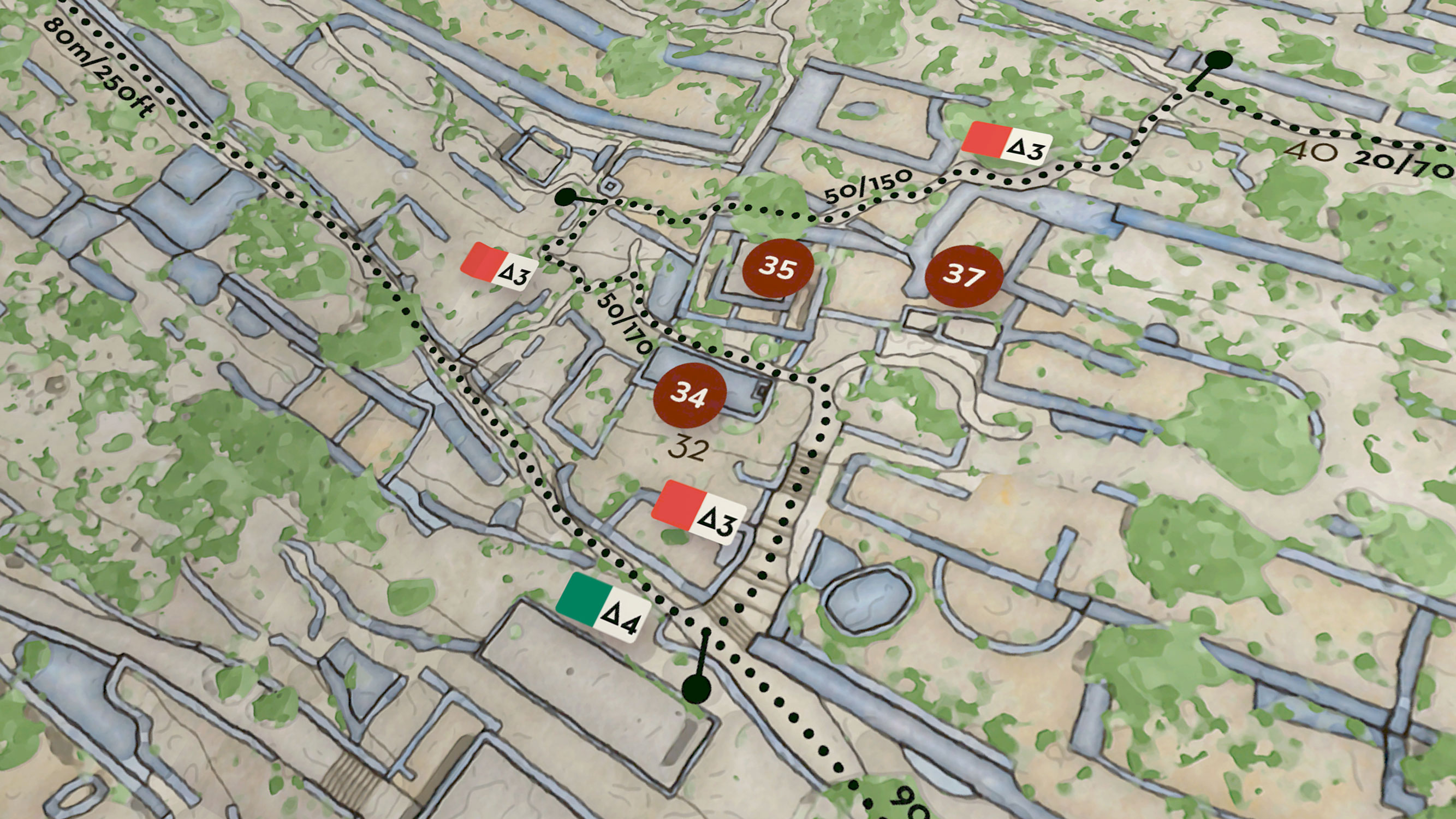 Close-up of the central area of Spinalonga islet showing the balance between architectural remains, open spaces, and visitor circulation paths.