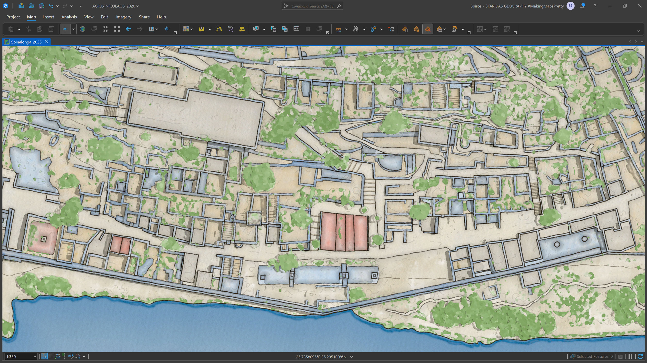 Detailed view of buildings, archaeological remains, and Venetian walls designed in ArcGIS Pro and rendered in a hand drawn watercolor style for spatial clarity.