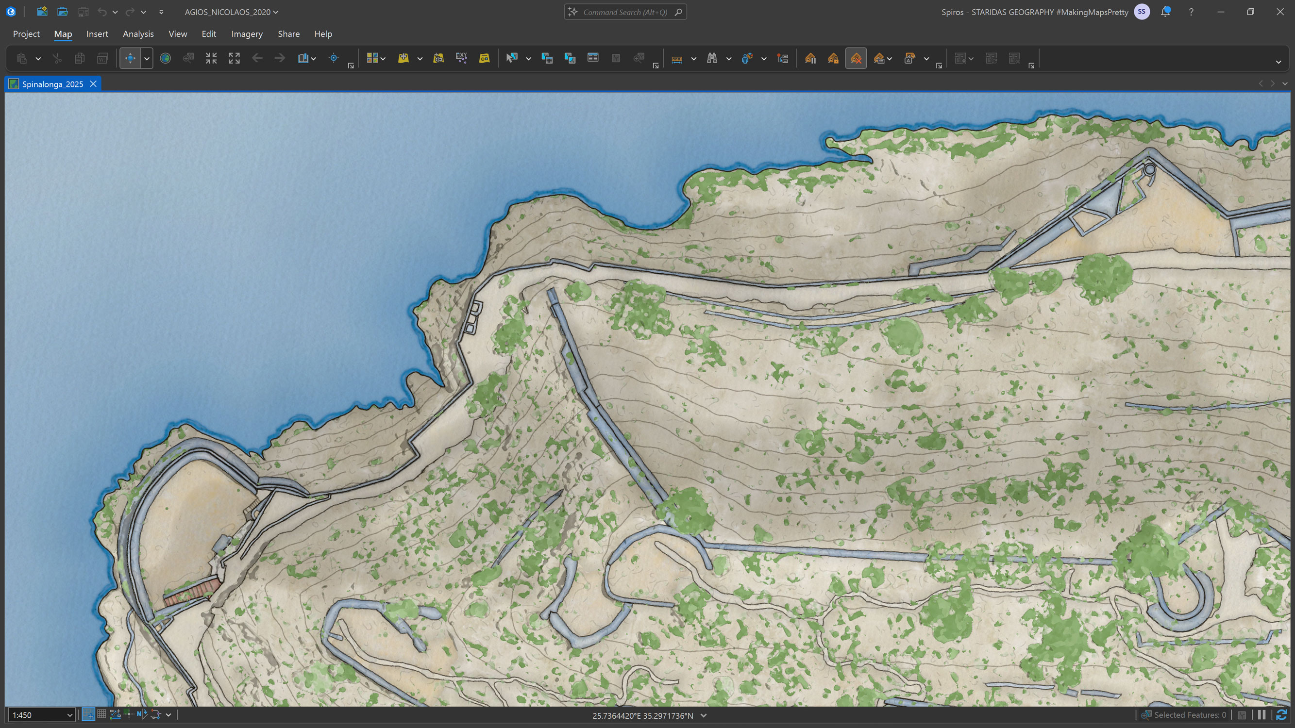Close-up of the island’s subtle terrain relief and natural character showing contouring, vegetation, and elevation variation in the cartographic design.