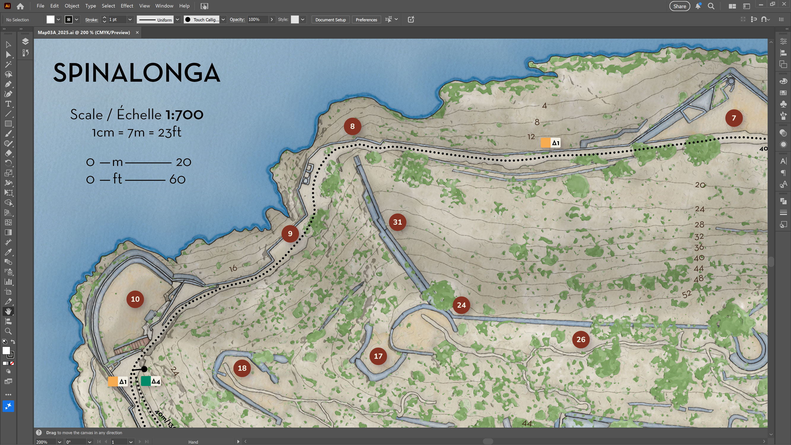 View of the basemap after completion in ArcGIS Pro, imported into Adobe Illustrator where additional layers like numbered points of interest, trails, and annotations are added.