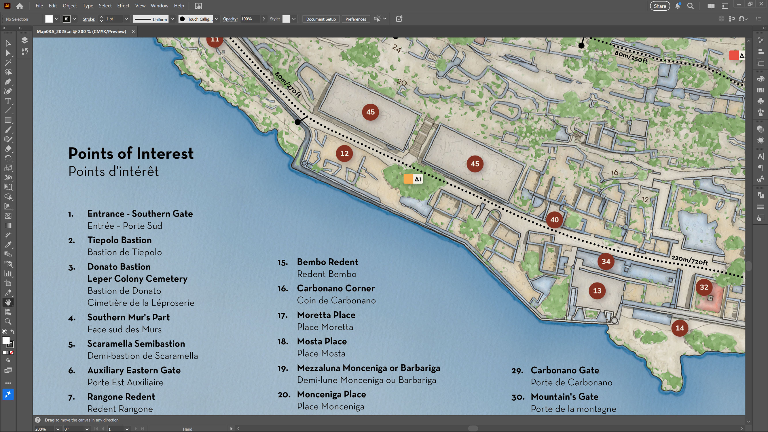 Close-up showing the numbered points of interest on the map alongside their corresponding bilingual explanatory list in English and French.