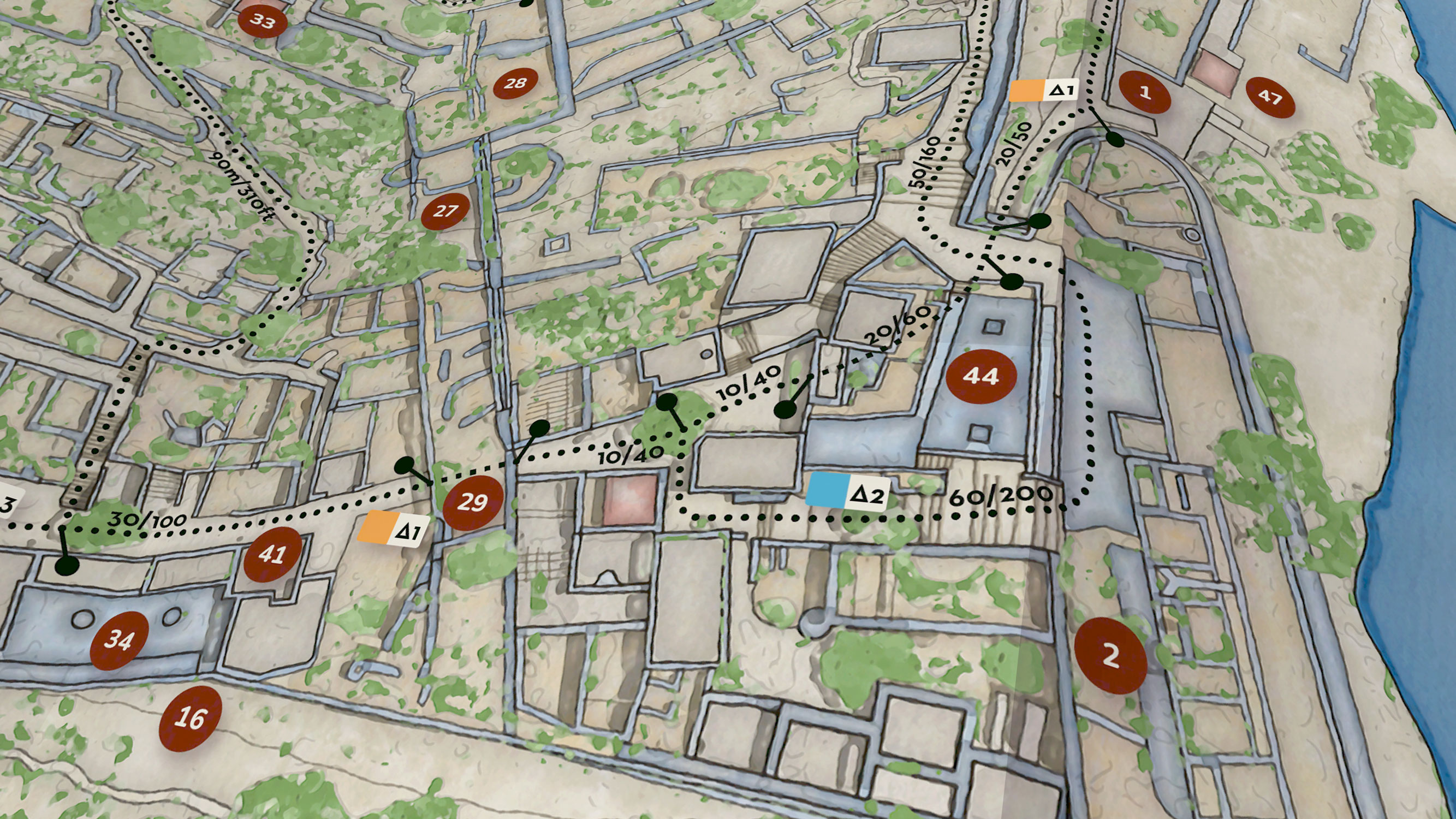 Close-up of the southern edge of Spinalonga showing how ruins, walking paths, and terrain meet at the coastline in the cartographic design.