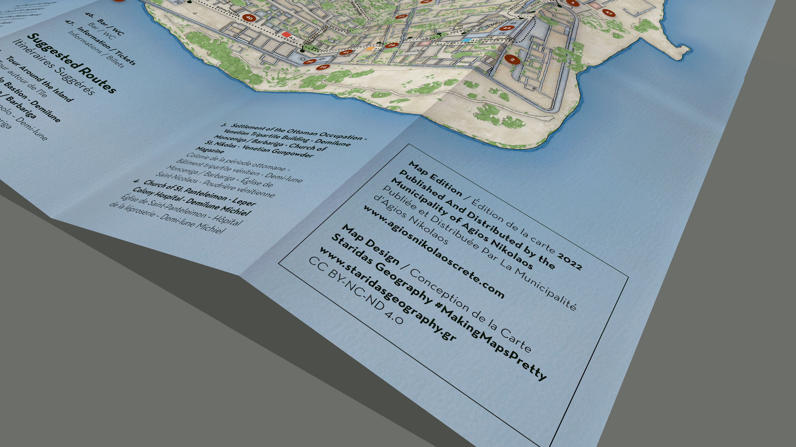 Detail of the map credits and information panel showing authorship, client, edition details, licensing terms, and publishing information.