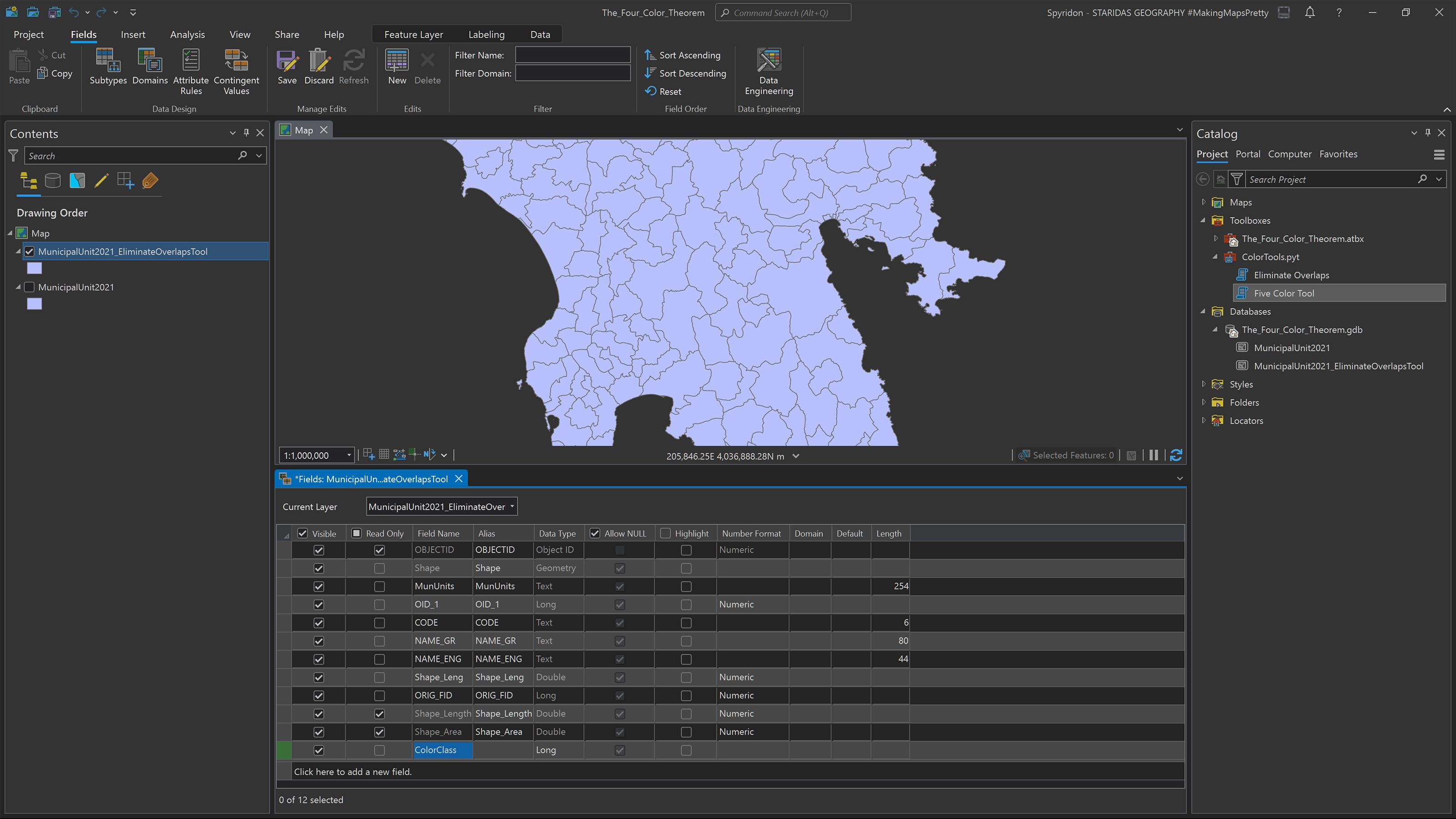 Adding a new numerical field with the name “ColorClass” in the attribute table of the newly created MunicipalUnit2021_EliminateOverlapsTool feature class.