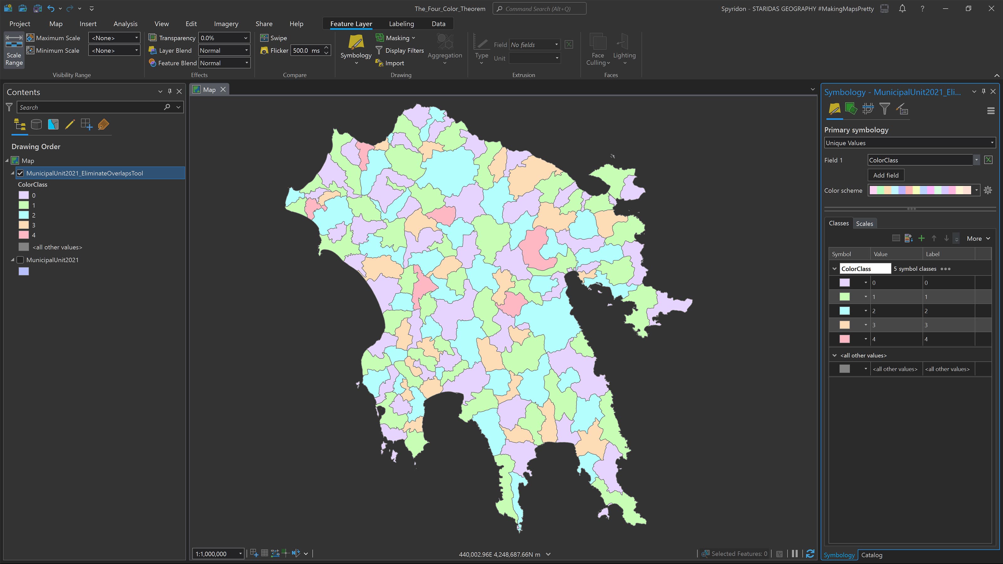 Symbolizing the MunicipalUnit2021_EliminateOverlapsTool feature class with unique values based on the ColorClass field.