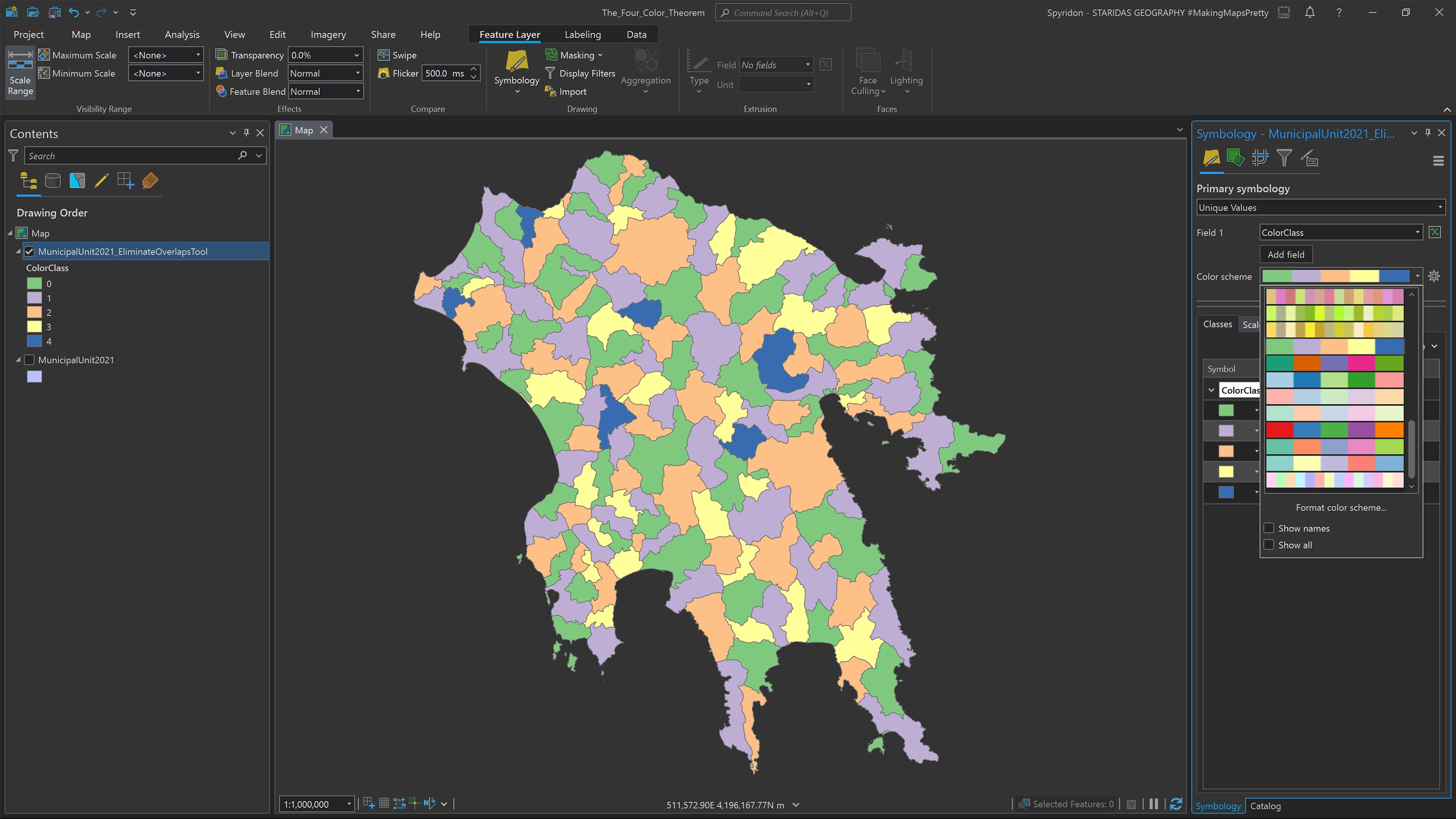 Selecting a five colors discrete color scheme to depict the five color classes.