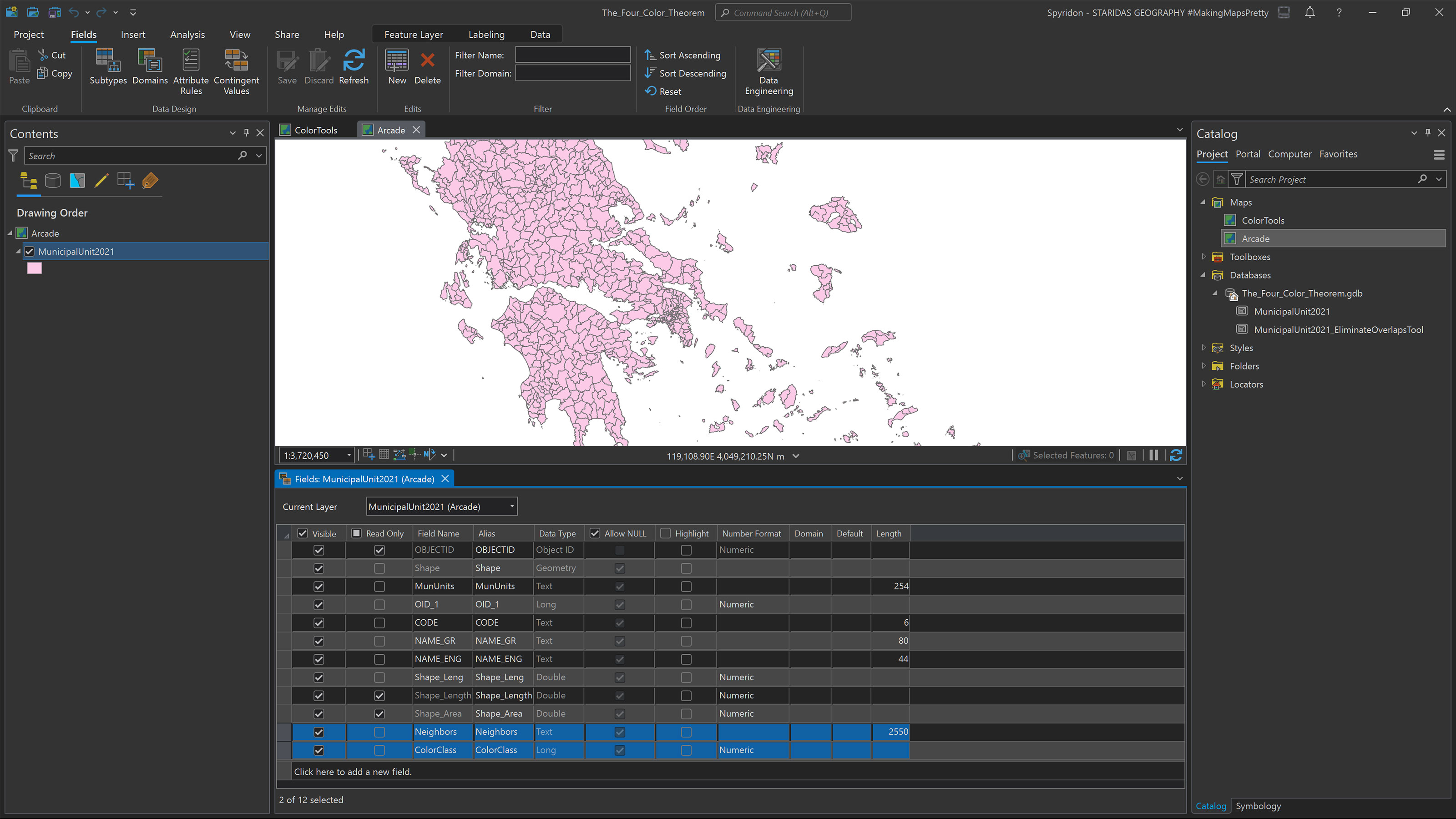 Adding two new fields in the attribute table of the MunicipalUnit2021 feature class.