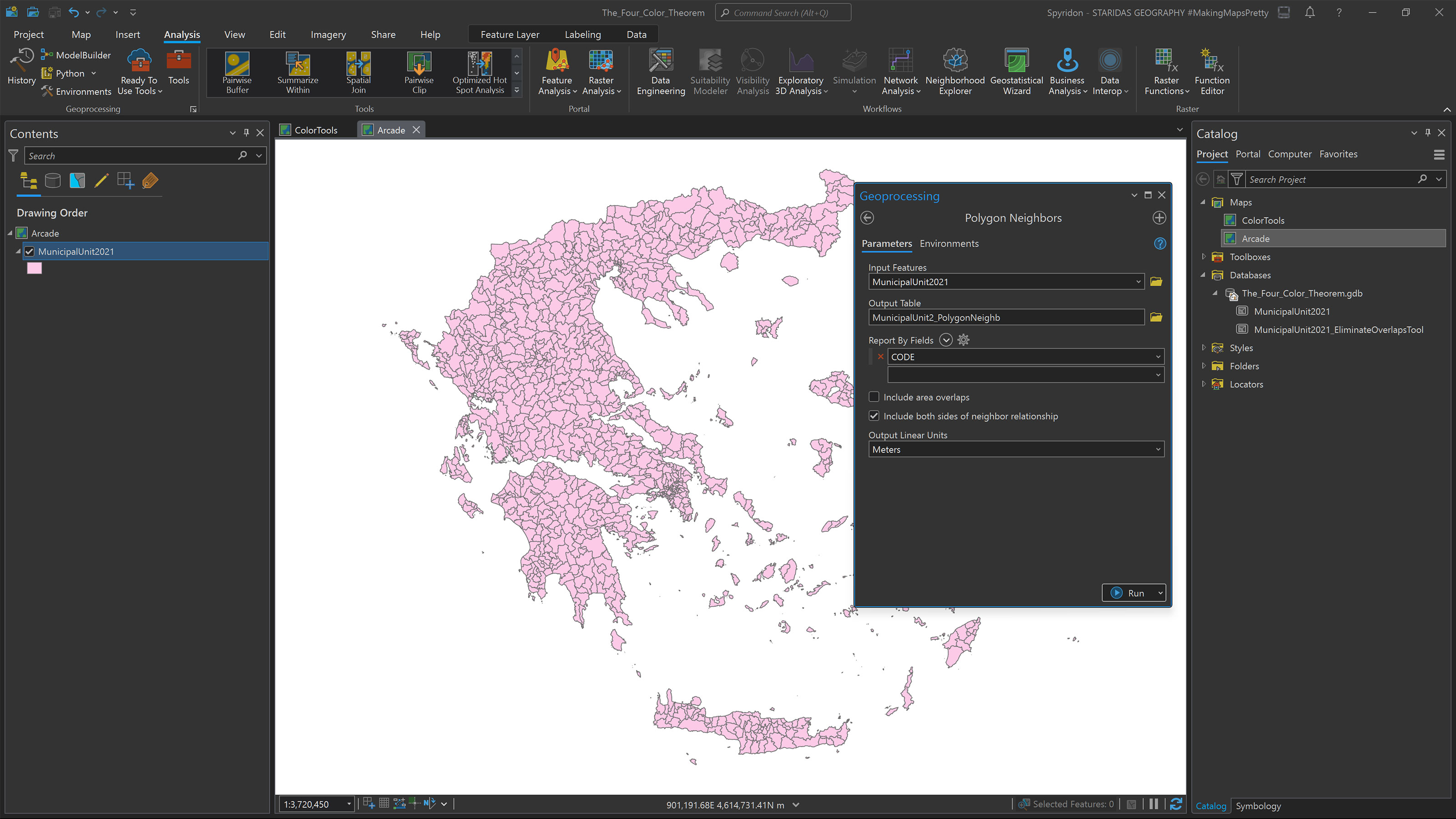 Applying the Polygon Neighbors (Analysis) geoprocessing tool in the MunicipalUnit2021 feature class, in order to create a new table which will indicate the neighbors of each feature.