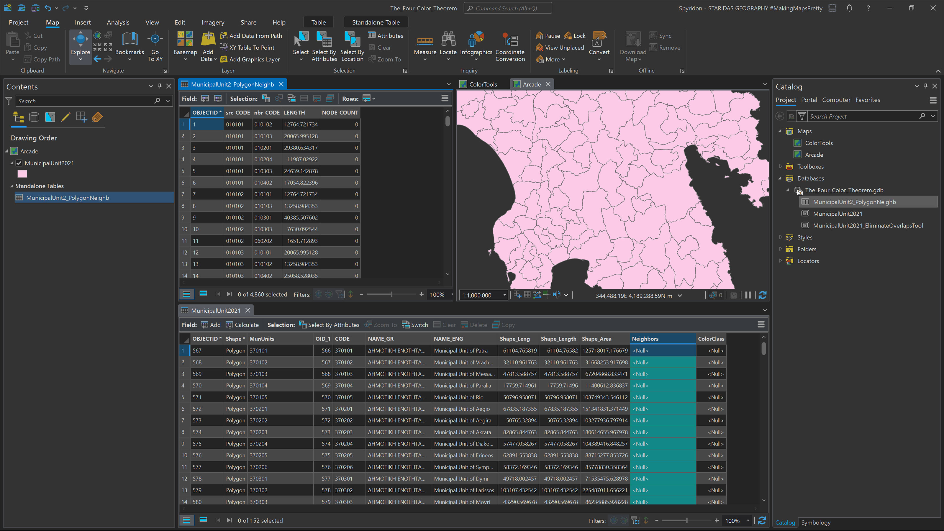 Finding the Neighbors field inside the attribute table of the MunicipalUnit2021 feature class.