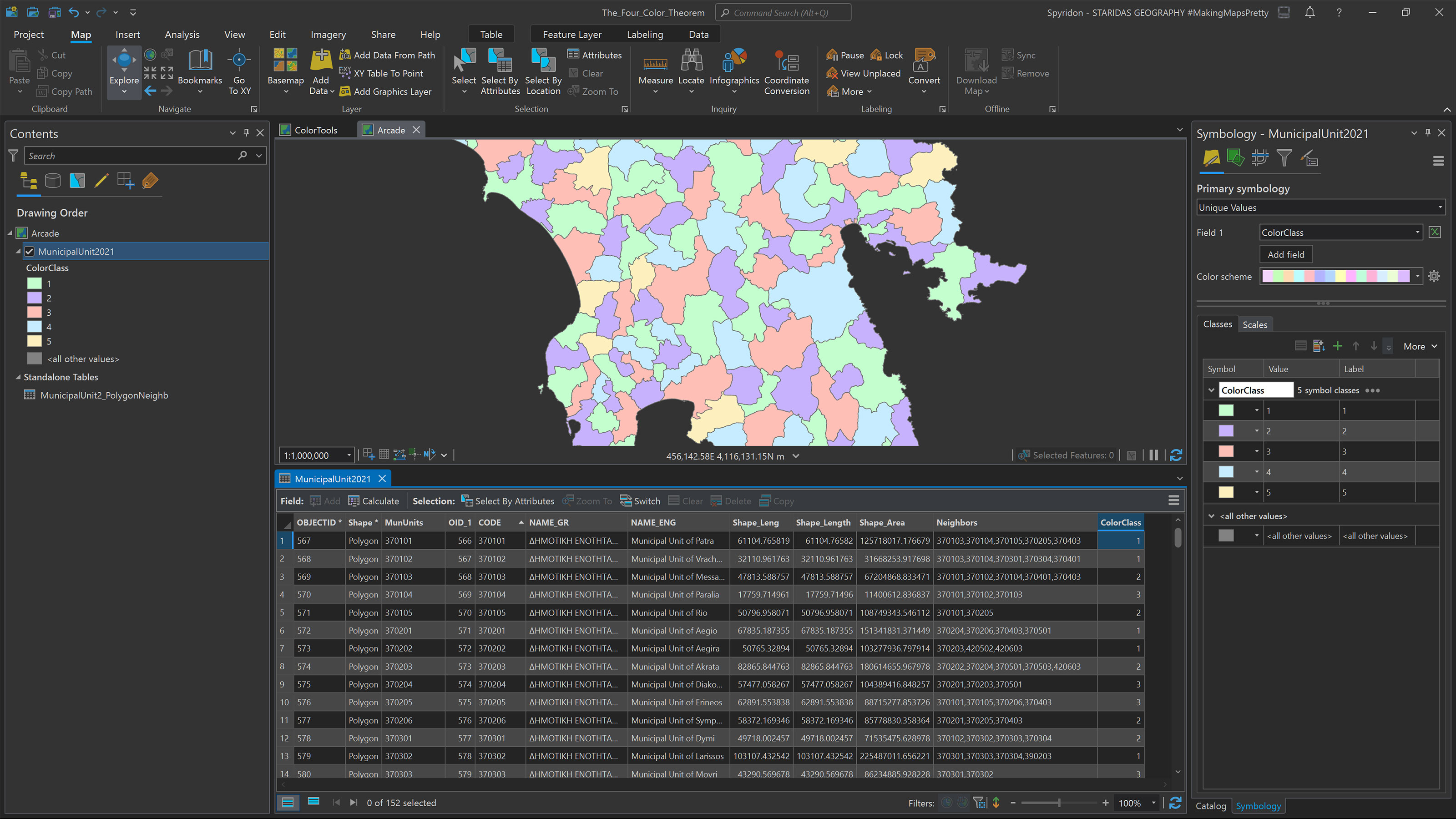 Symbolizing the MunicipalUnit2021 feature class with unique values based on the ColorClass field.