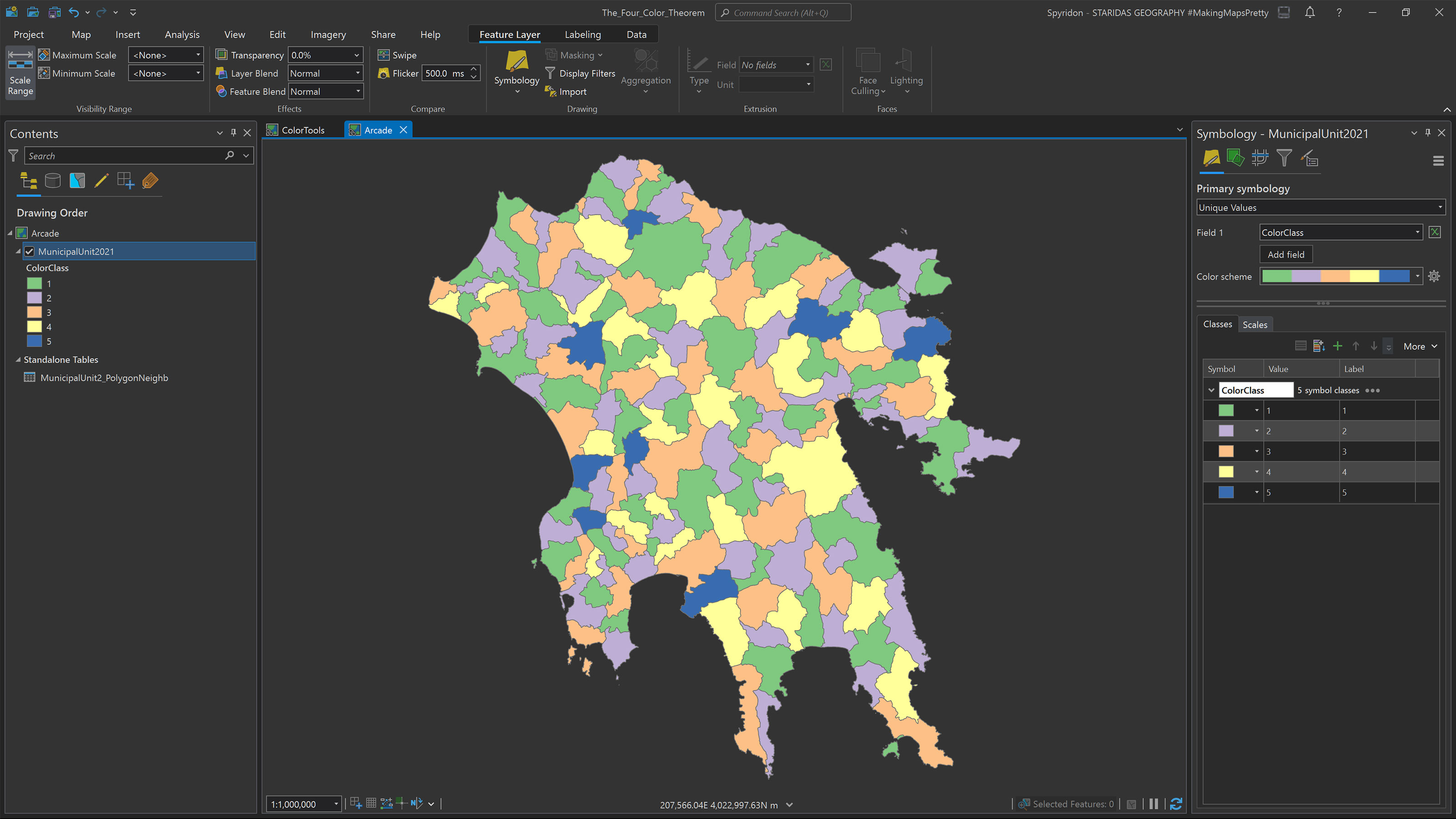 Selecting a five colors discrete color scheme to depict the five color classes.