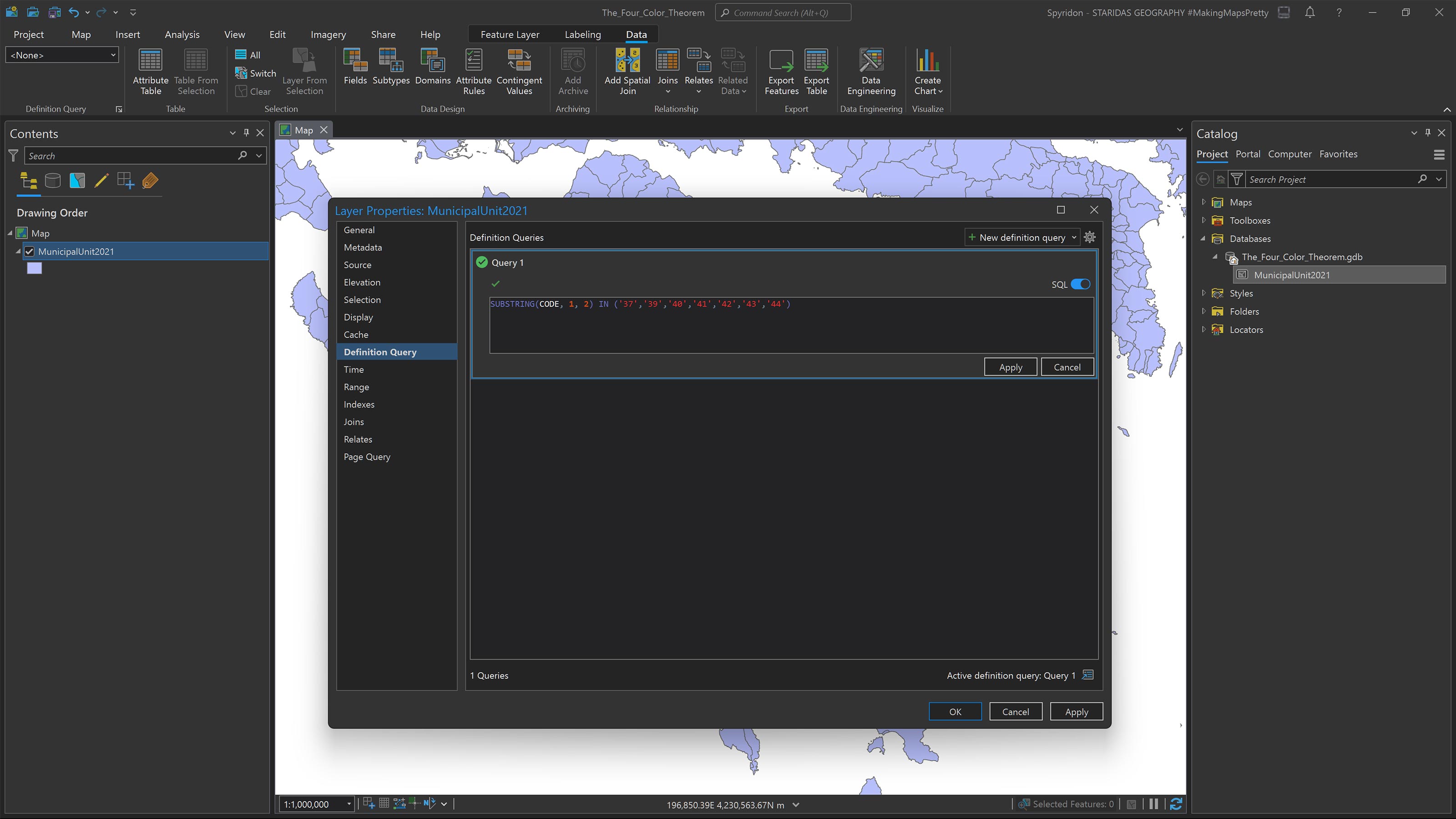 Writing a definition query with SQL to filter the dataset so that only the features in the Peloponnese area are shown.