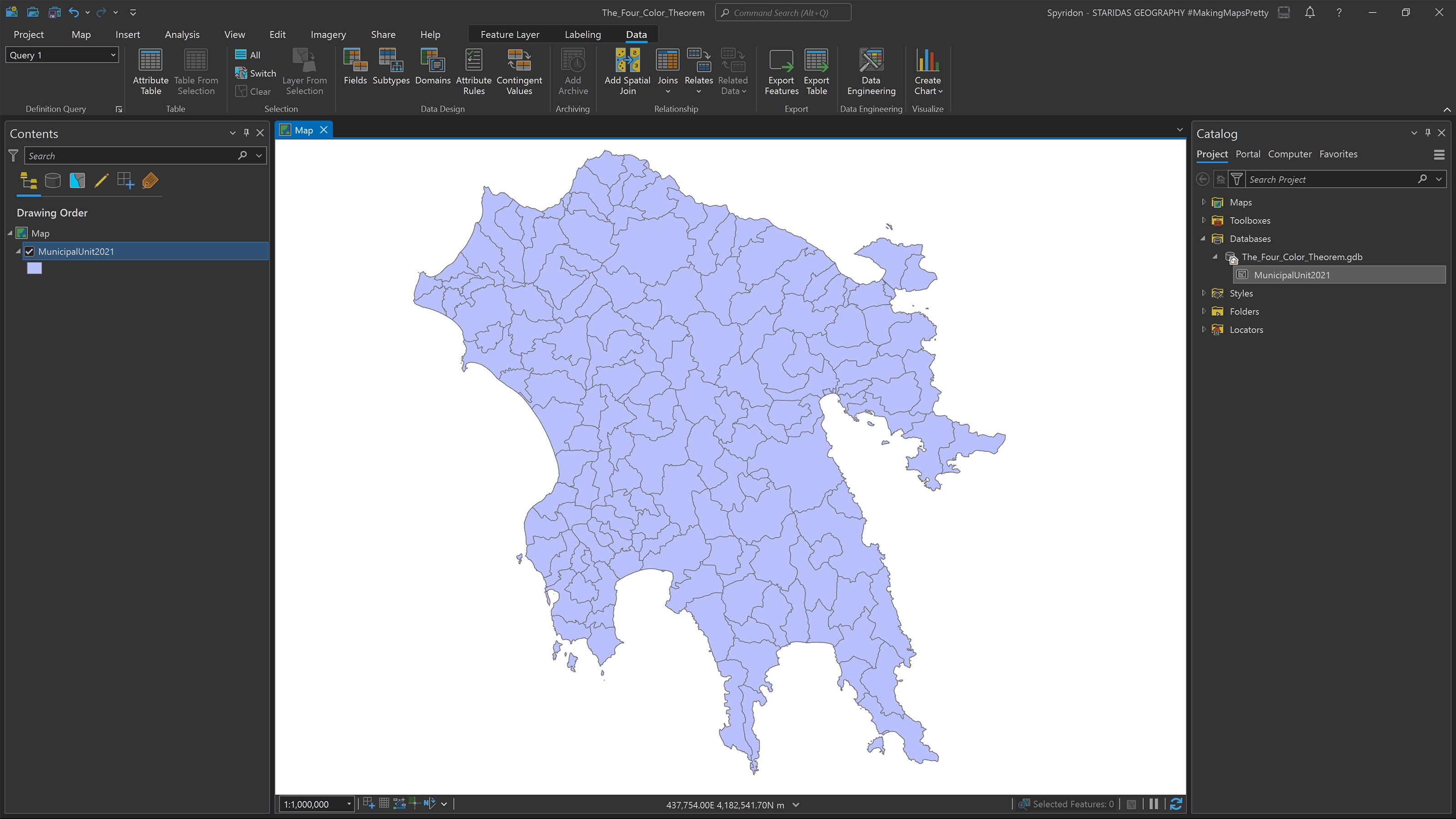 The filtered feature class only showing the features in the Peloponnese area, a result of the definition query.